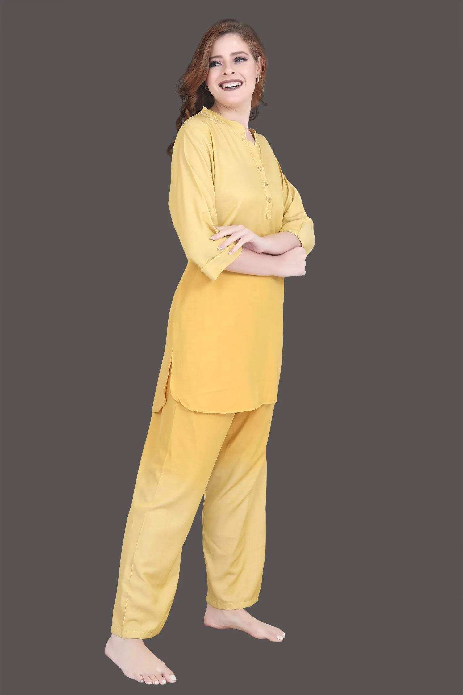 Velure Cool Dual Shade Kurti Style Night Suit - Velure - - 3/4 Sleeves, Collar Neck, Cotton, Front Button Open, Full Length Pant