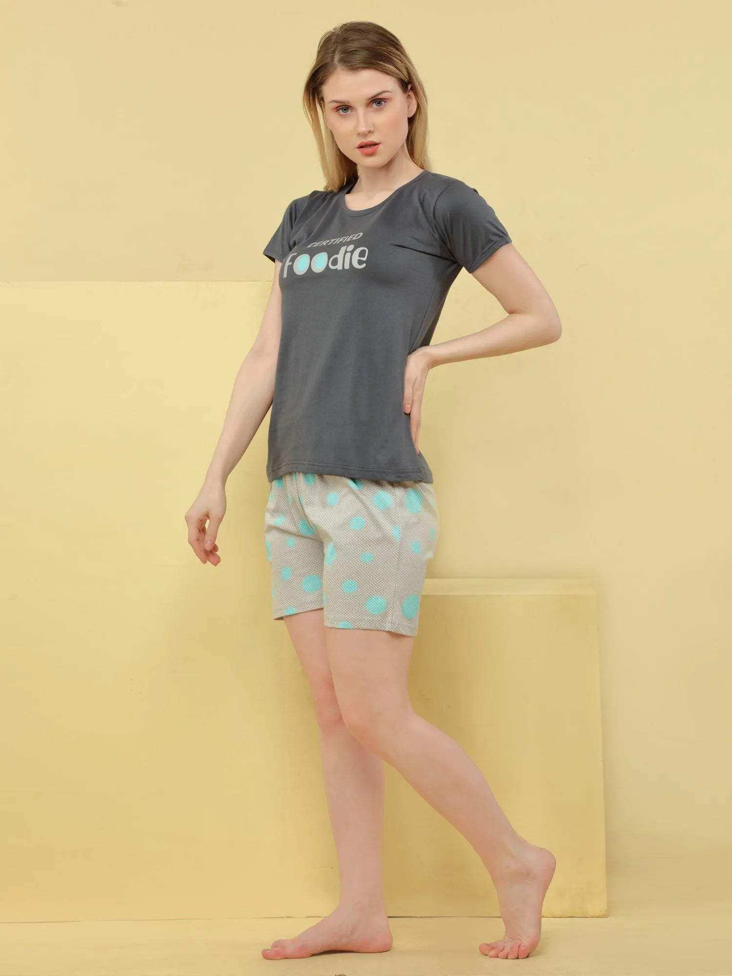 Trendy Foodie Print Shorts Set - Velure - - Cotton, Half Sleeves, Printed, Round neck, Shorts