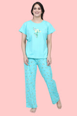 Velure Dazzling Floral Print Pajama Set - Velure - T-Shirt and Pant - Cotton Lycra Fabric, Floral Print, Full Length Pant, Half Sleeves, Round neck nightsuit