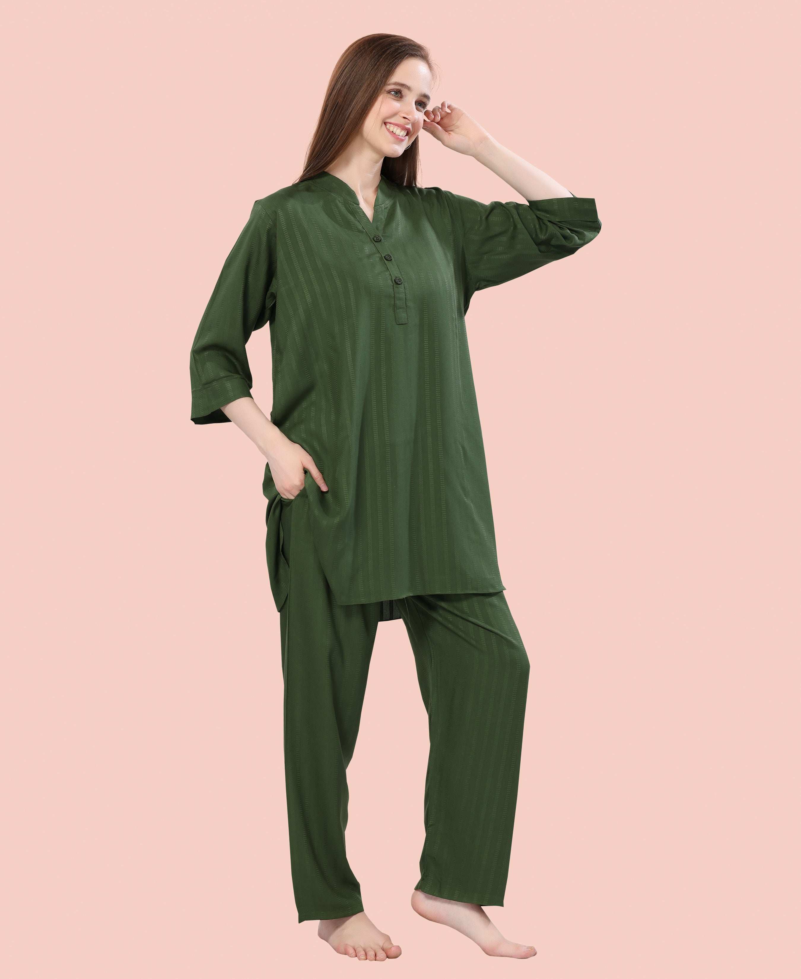 Velure Classic Green Kurti Style Night Suit - Velure - - 3/4 Sleeves, Collar Neck, Cotton, Front Button Open, Full Length Pant