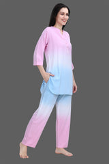 Velure Pink Sleek Dual Shade Kurti Style Night Suit - Velure - Long Top and Pant - 3/4 Sleeves, Collar Night Suit, Cotton, Full Length Pant, Long Top Night Suit