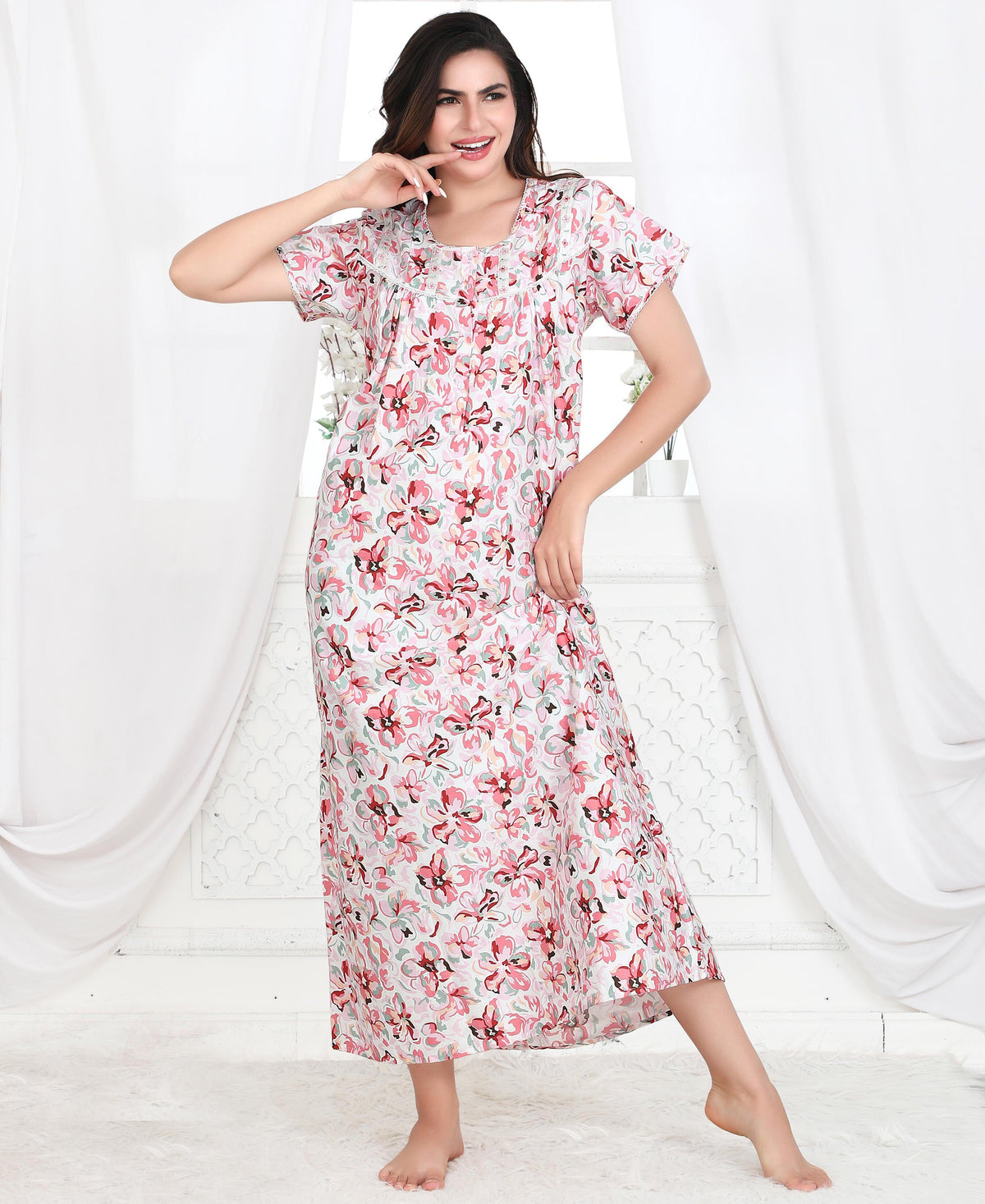 Velure Pink Floral Print Cotton Nighty - Velure - Nighty - Cotton, Full Length Nighty, Half Sleeves Nighty, Round neck Nighty