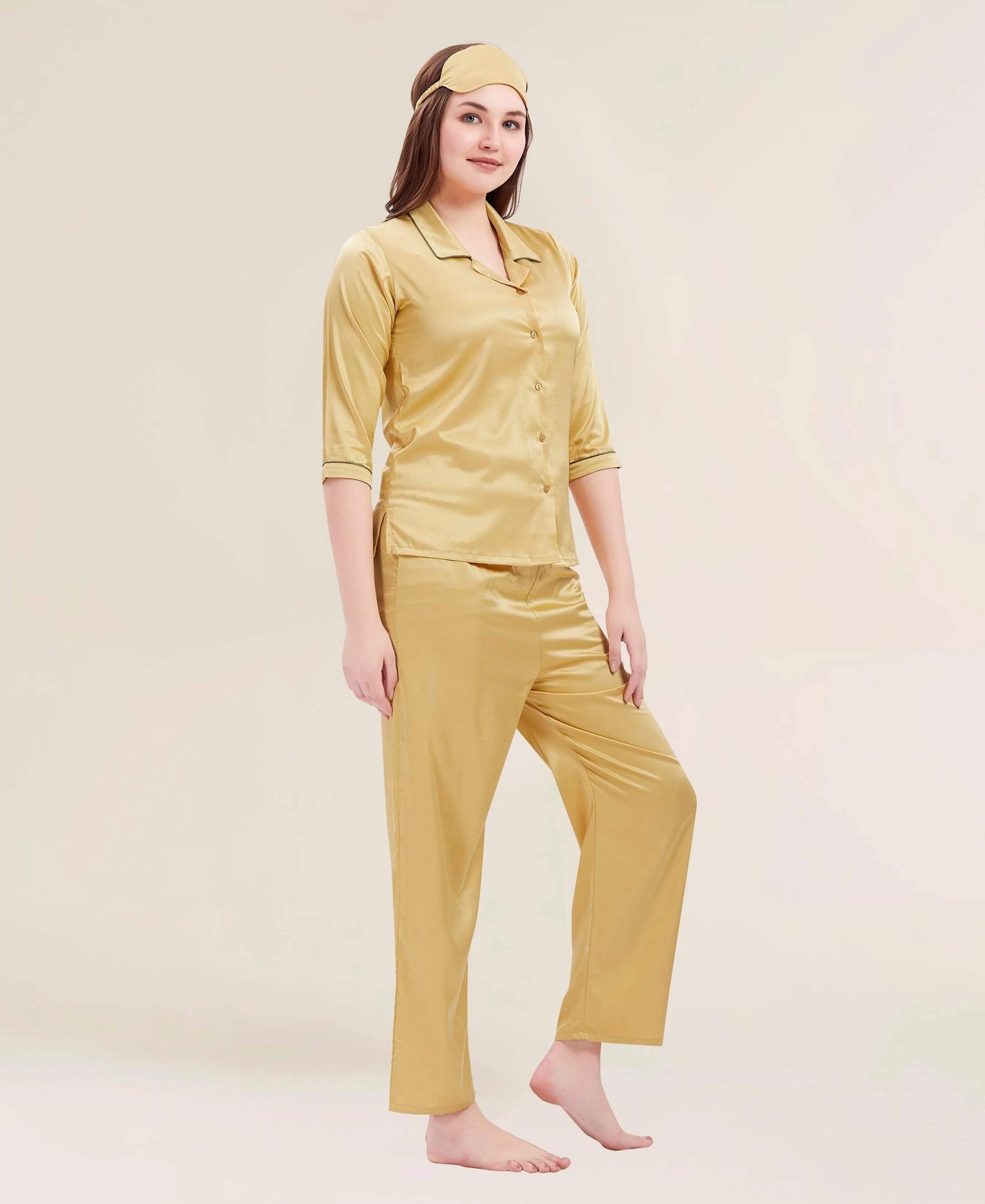 Velure Flerry Red Satin Night Suit - Velure - - 3/4 Sleeves, Collar Neck, Eye Mask, Front Button Open, Full Length Pant, Satin