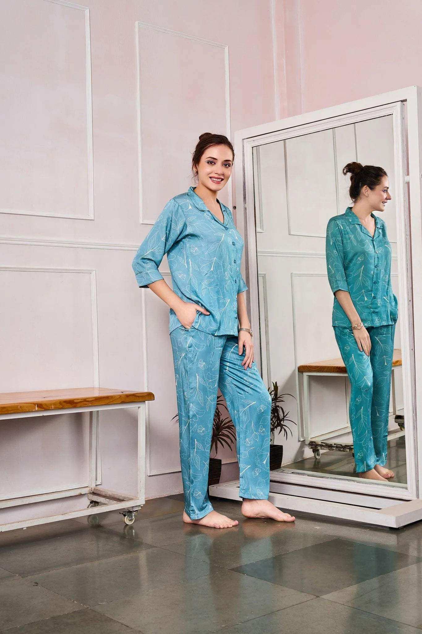Velure Abstract Print Night Suit - Velure - - 3/4 Sleeves, Abstract Print, Collar Neck, Cotton, Front Button Open, Full Length Pant