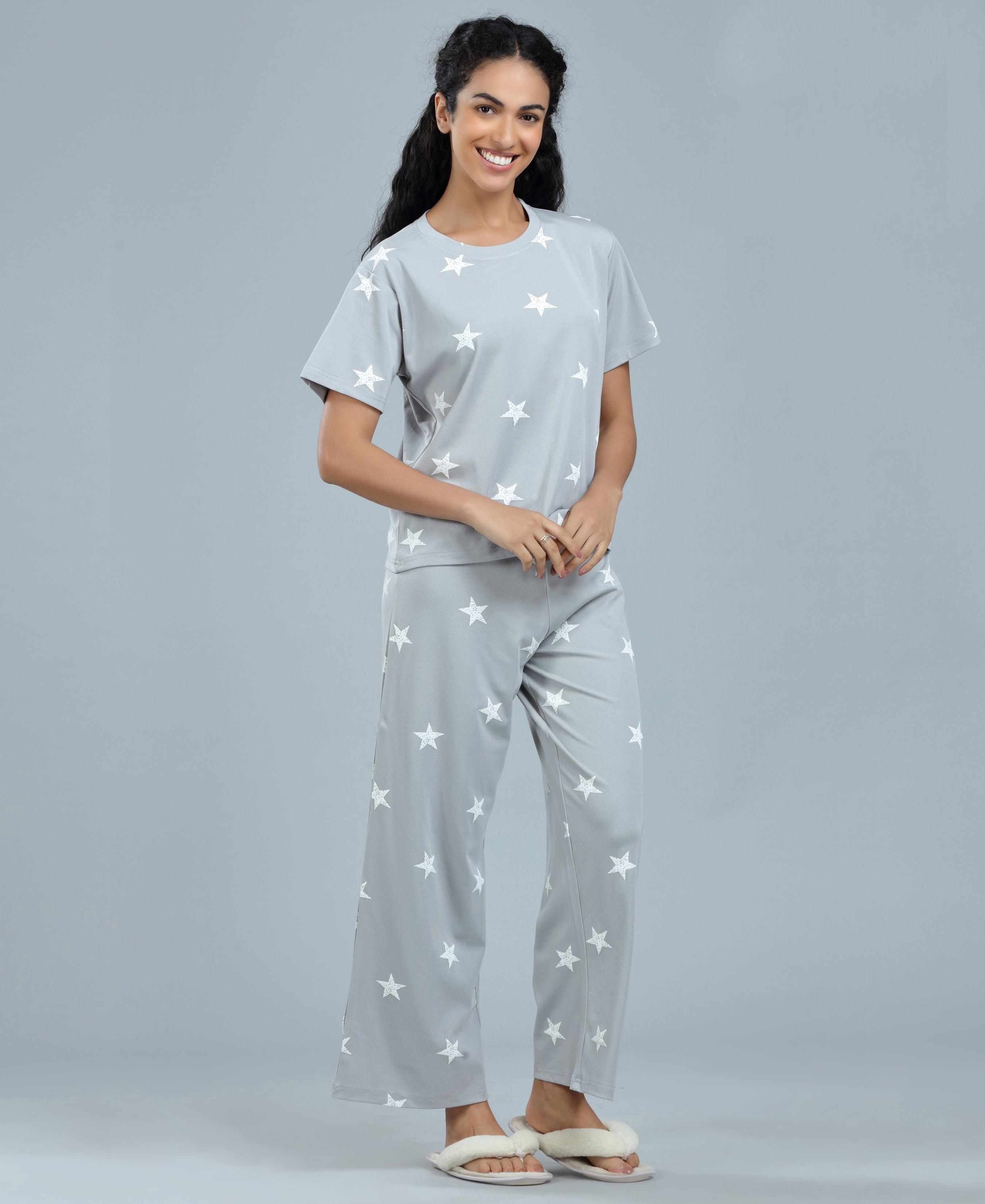 Star Print Palazzo Night Suit Set - Velure - T-Shirt and Pant - Cotton, Half Sleeves, Palazzo Pants, Printed, Round neck nightsuit