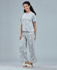 Star Print Palazzo Night Suit Set - Velure - T-Shirt and Pant - Cotton, Half Sleeves, Palazzo Pants, Printed, Round neck nightsuit