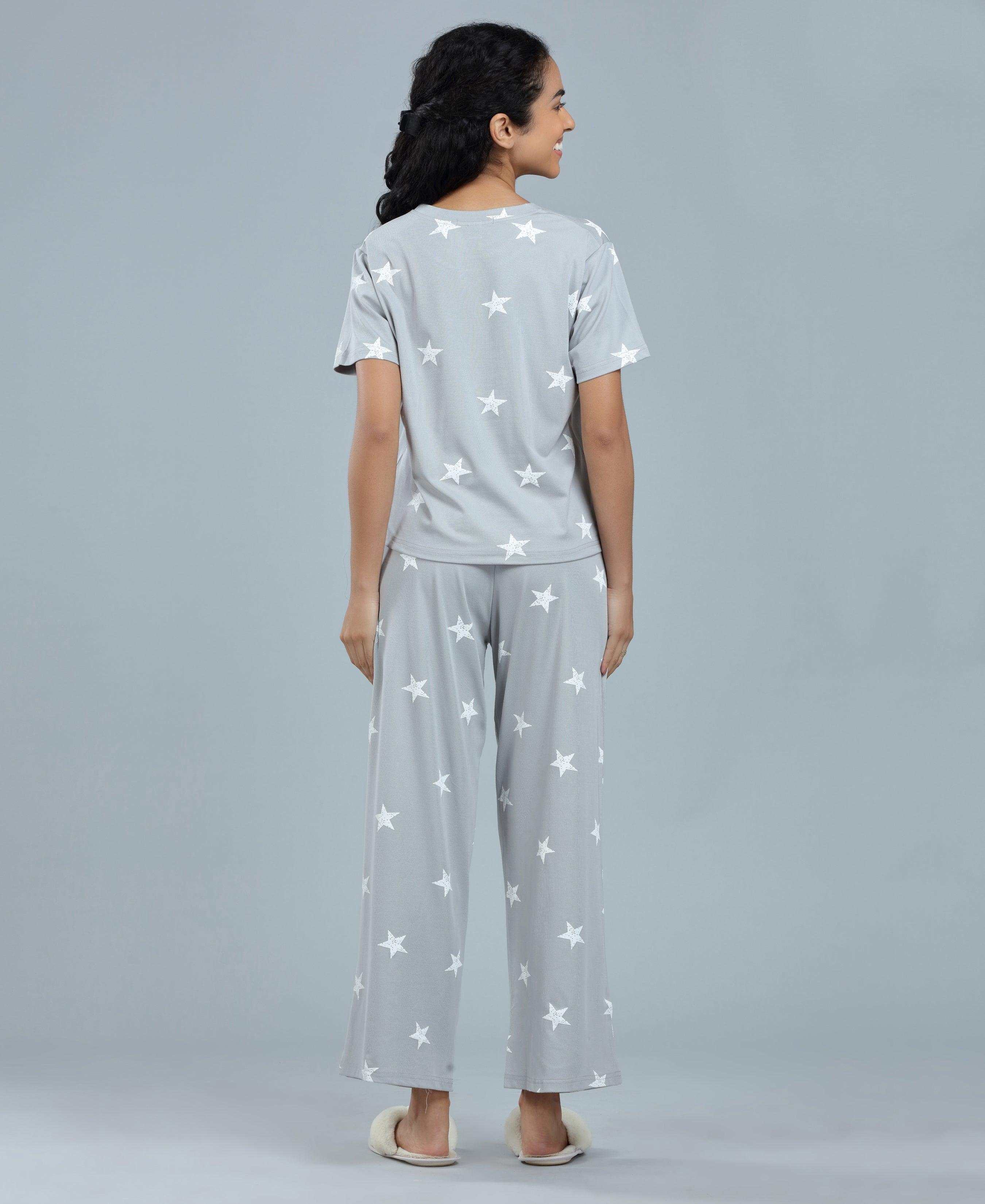 Star Print Palazzo Night Suit Set - Velure - T-Shirt and Pant - Cotton, Half Sleeves, Palazzo Pants, Printed, Round neck nightsuit