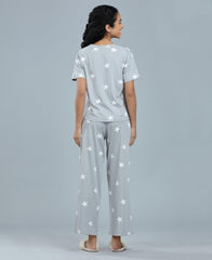 Star Print Palazzo Night Suit Set - Velure - T-Shirt and Pant - Cotton, Half Sleeves, Palazzo Pants, Printed, Round neck nightsuit