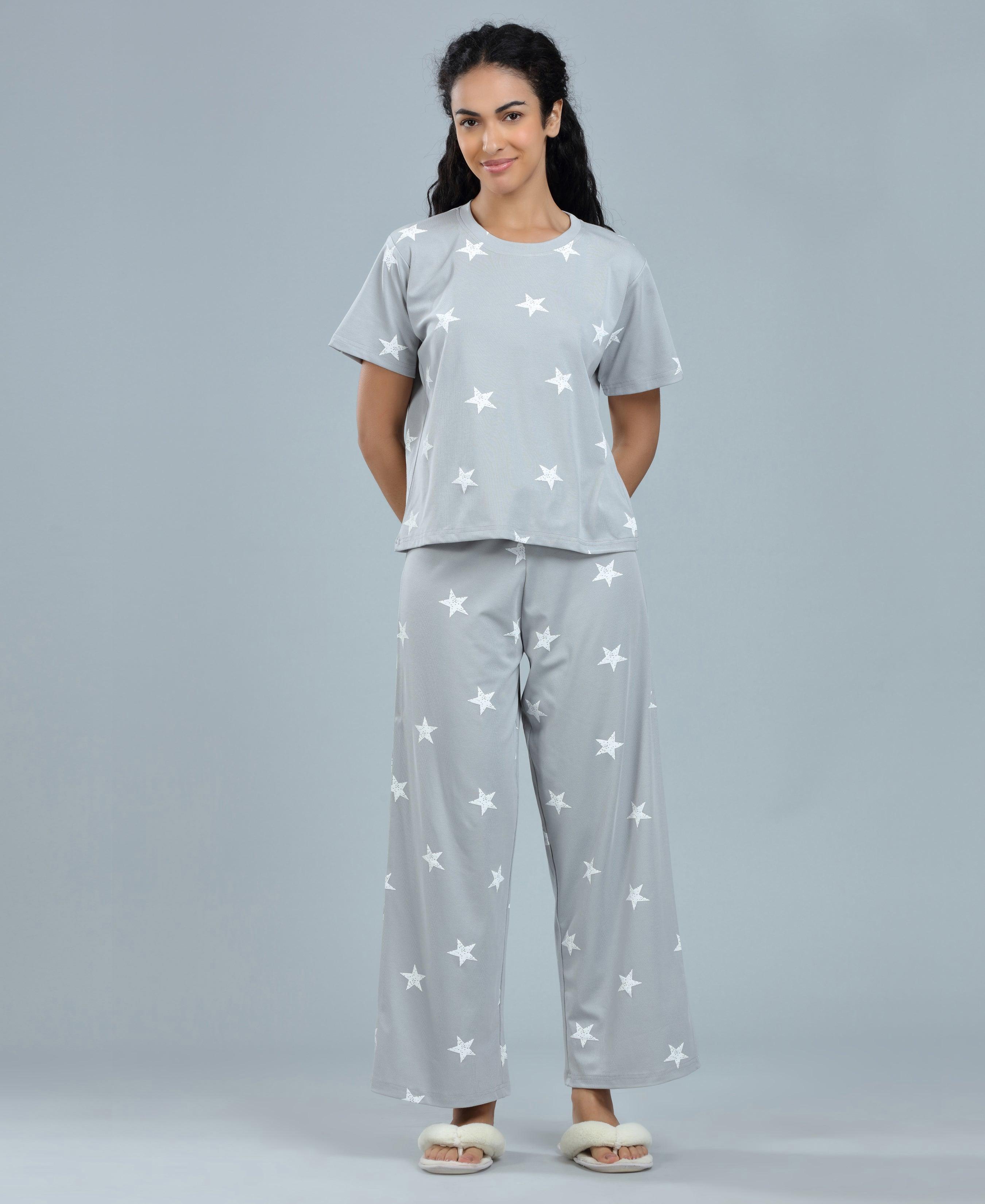 Star Print Palazzo Night Suit Set - Velure - T-Shirt and Pant - Cotton, Half Sleeves, Palazzo Pants, Printed, Round neck nightsuit