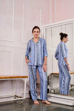 Velure Comfort Fashion Stripes Night Suit - Velure - - 3/4 Sleeves, Collar Neck, Cotton, Front Button Open, Full Length Pant, Stripes