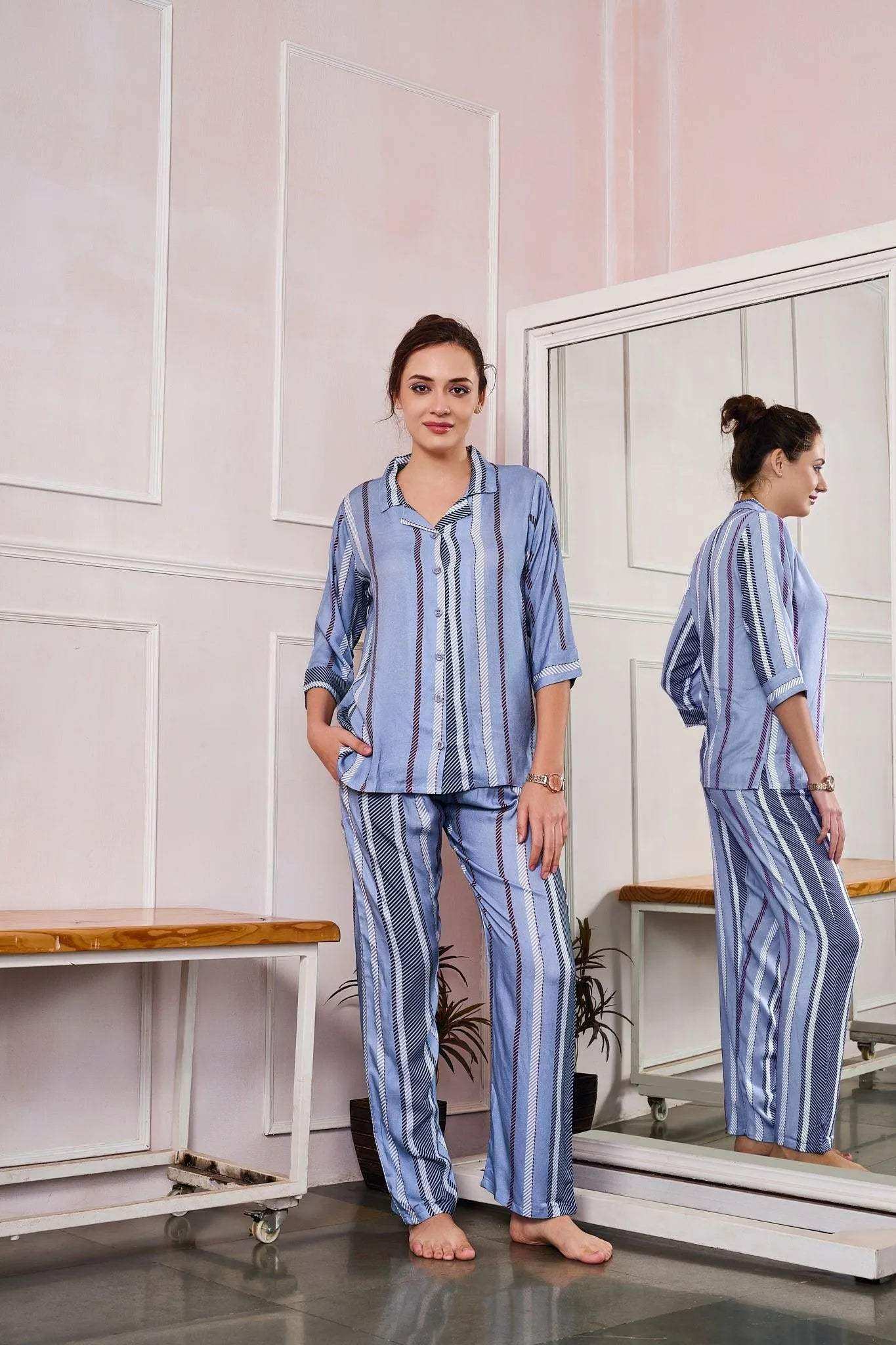 Velure Comfort Fashion Stripes Night Suit - Velure - - 3/4 Sleeves, Collar Neck, Cotton, Front Button Open, Full Length Pant, Stripes