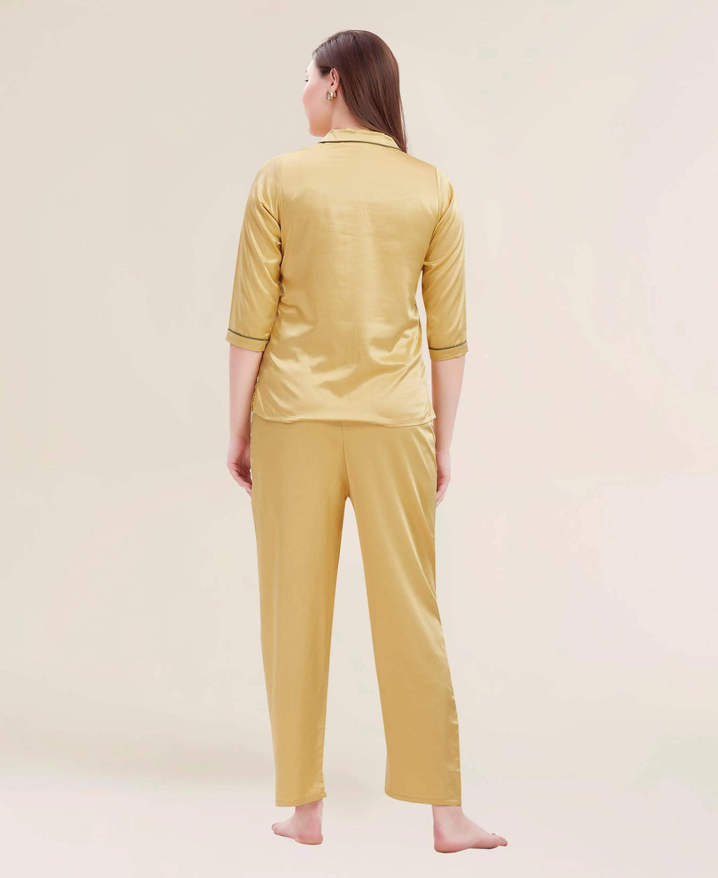Velure Shiny Glossy Satin Night Suit - Velure - - 3/4 Sleeves, Collar Neck, Eye Mask, Front Button Open, Full Length Pant, Satin