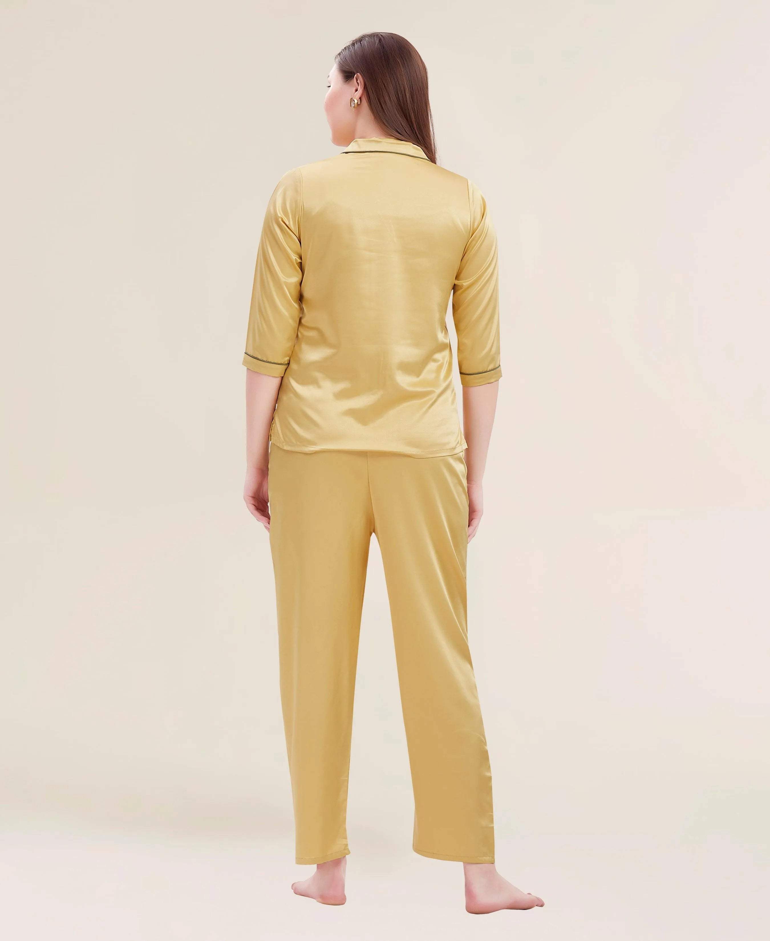 Velure Flerry Red Satin Night Suit - Velure - - 3/4 Sleeves, Collar Neck, Eye Mask, Front Button Open, Full Length Pant, Satin