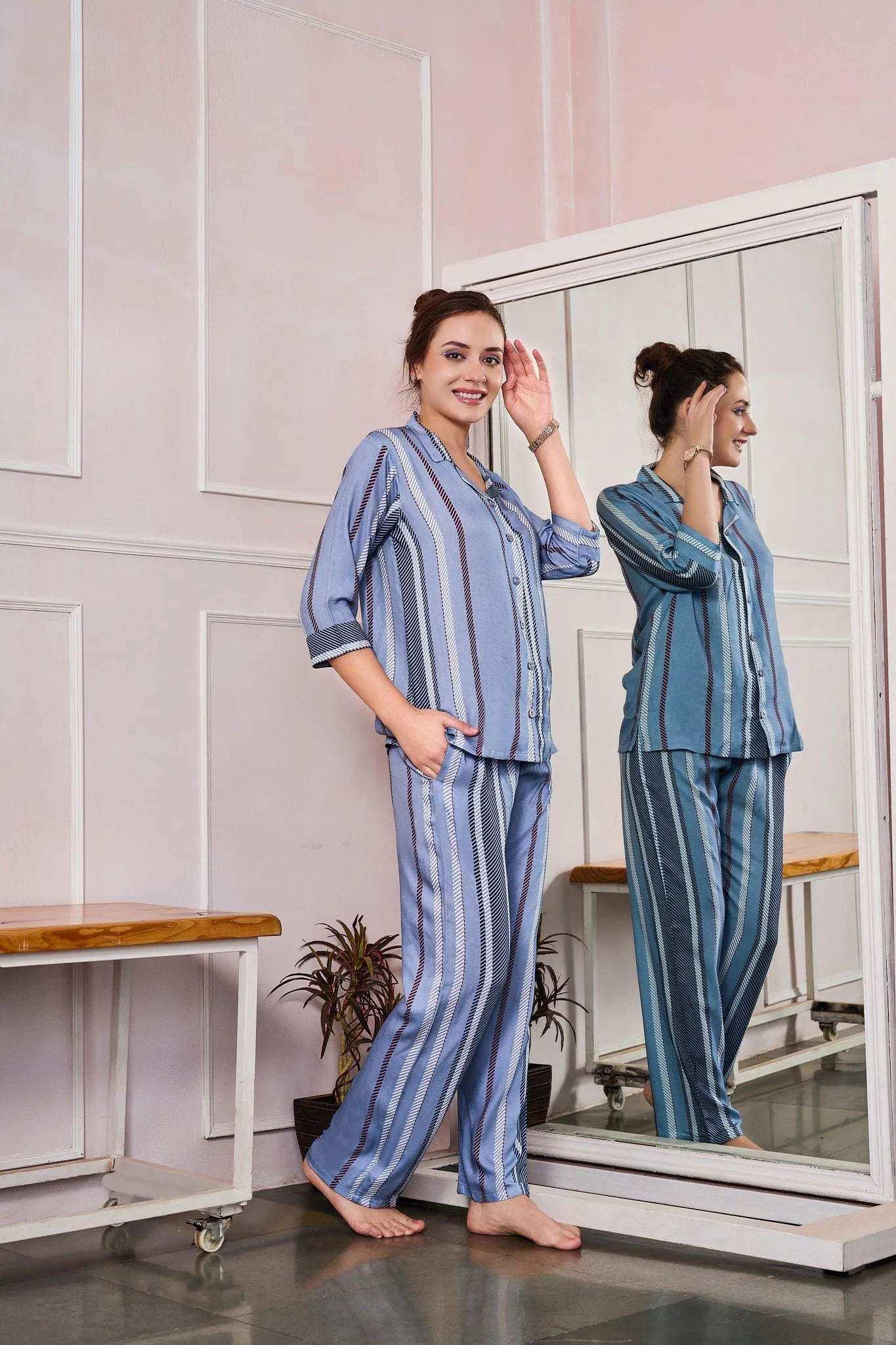 Velure Comfort Fashion Stripes Night Suit - Velure - - 3/4 Sleeves, Collar Neck, Cotton, Front Button Open, Full Length Pant, Stripes