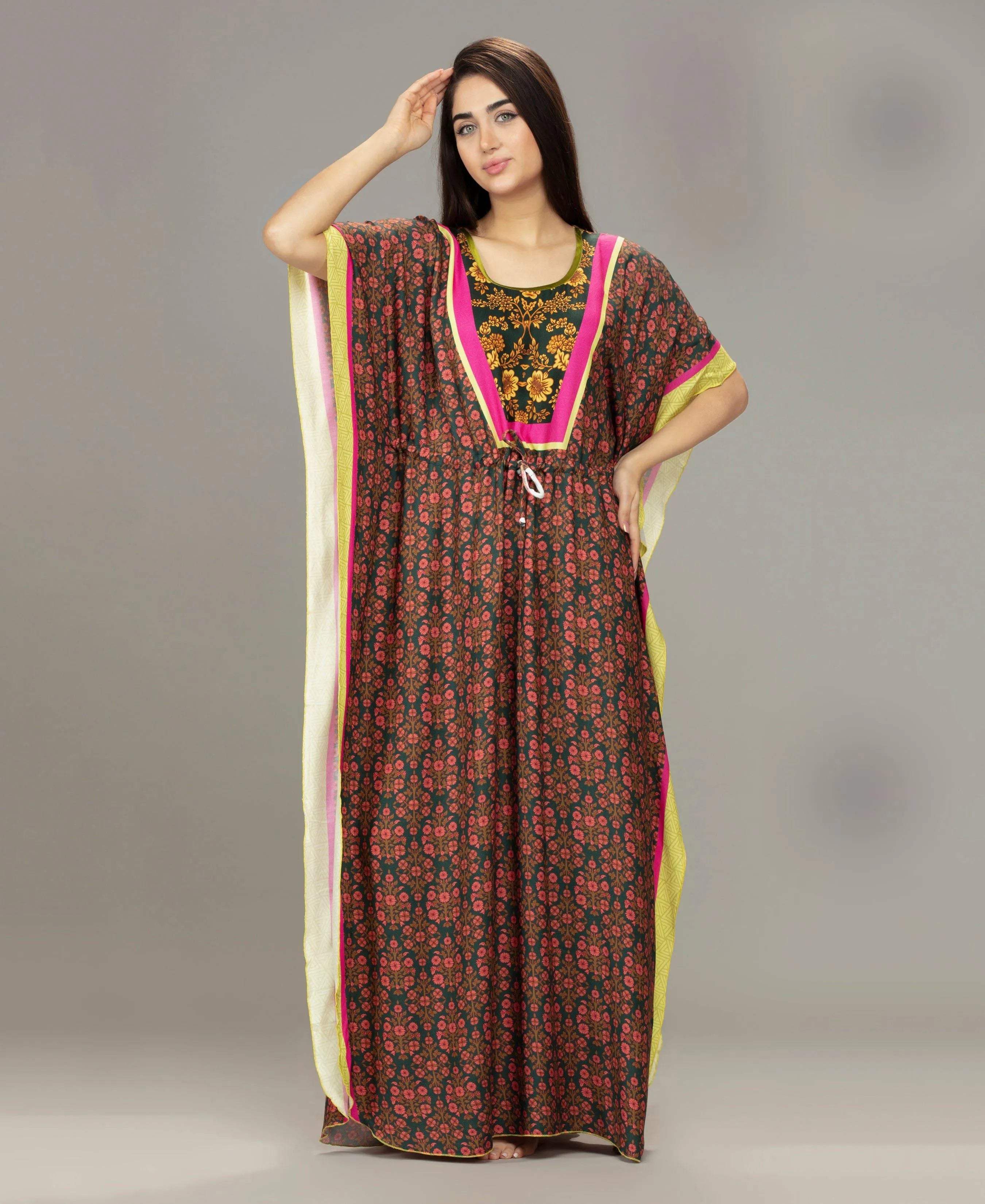 Tropical Breeze Printed Kaftan - Velure - Kaftan - Center Drawstring, Cotton, Full Length Nighty, Jaipuri Prints