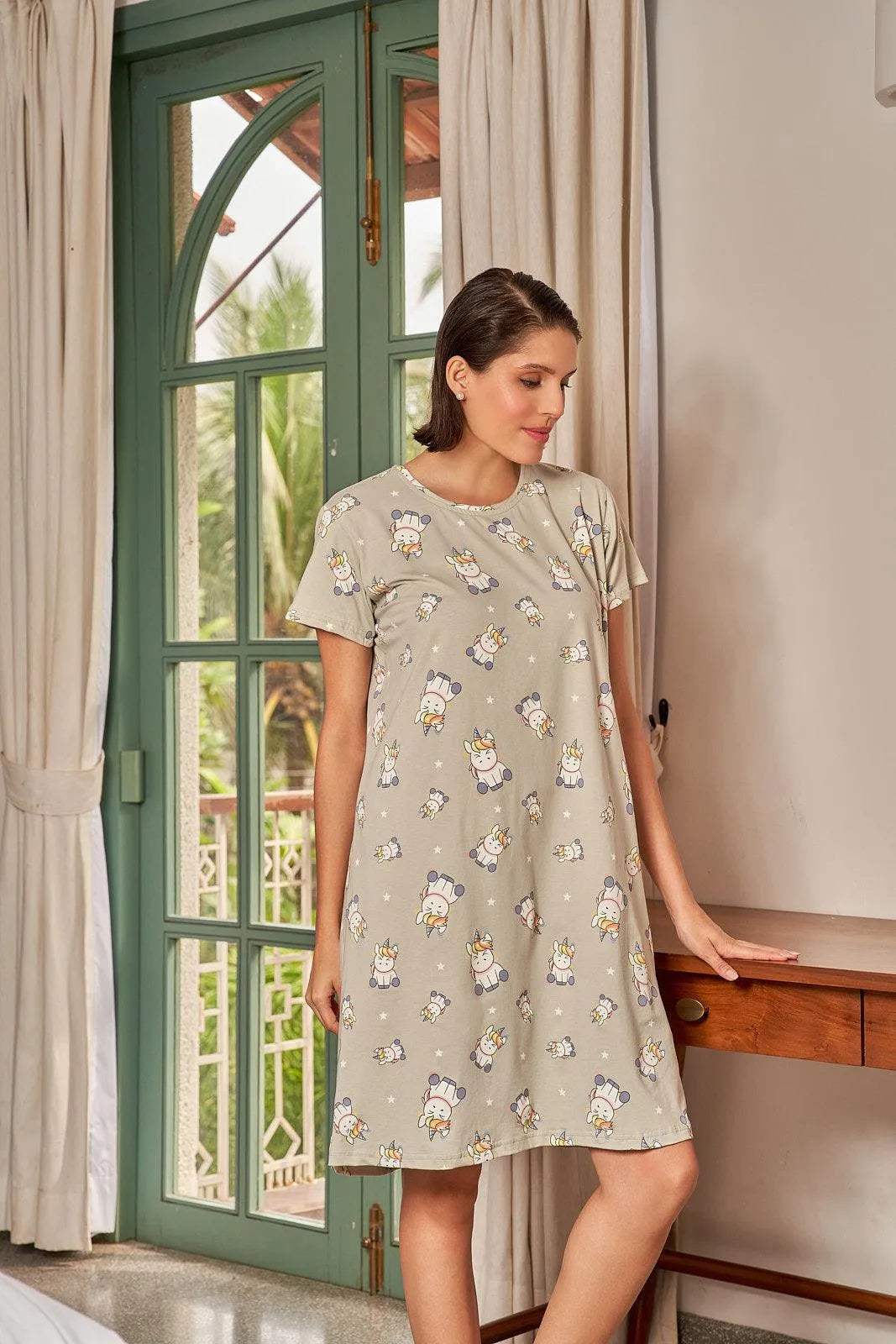 Velure Unicorn Stars Short Nighty - Velure - - Cotton, Half Sleeves, Knee Length, Printed, Round neck