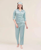 Velure Refined Blossy Satin Night Suit - Velure - - 3/4 Sleeves, Collar Neck, Eye Mask, Front Button Open, Full Length Pant, Satin