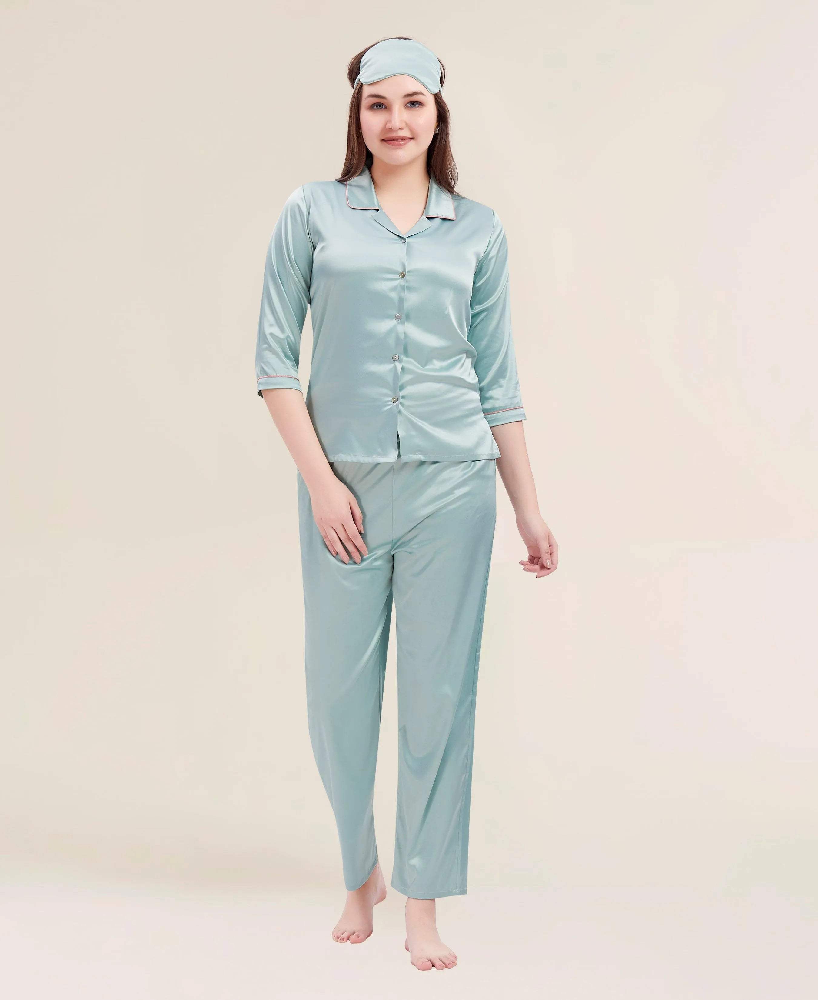 Velure Refined Blossy Satin Night Suit - Velure - - 3/4 Sleeves, Collar Neck, Eye Mask, Front Button Open, Full Length Pant, Satin