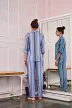 Velure Comfort Fashion Stripes Night Suit - Velure - - 3/4 Sleeves, Collar Neck, Cotton, Front Button Open, Full Length Pant, Stripes