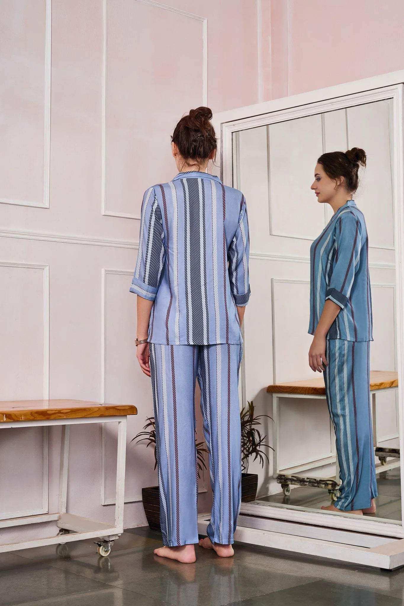 Velure Comfort Fashion Stripes Night Suit - Velure - - 3/4 Sleeves, Collar Neck, Cotton, Front Button Open, Full Length Pant, Stripes