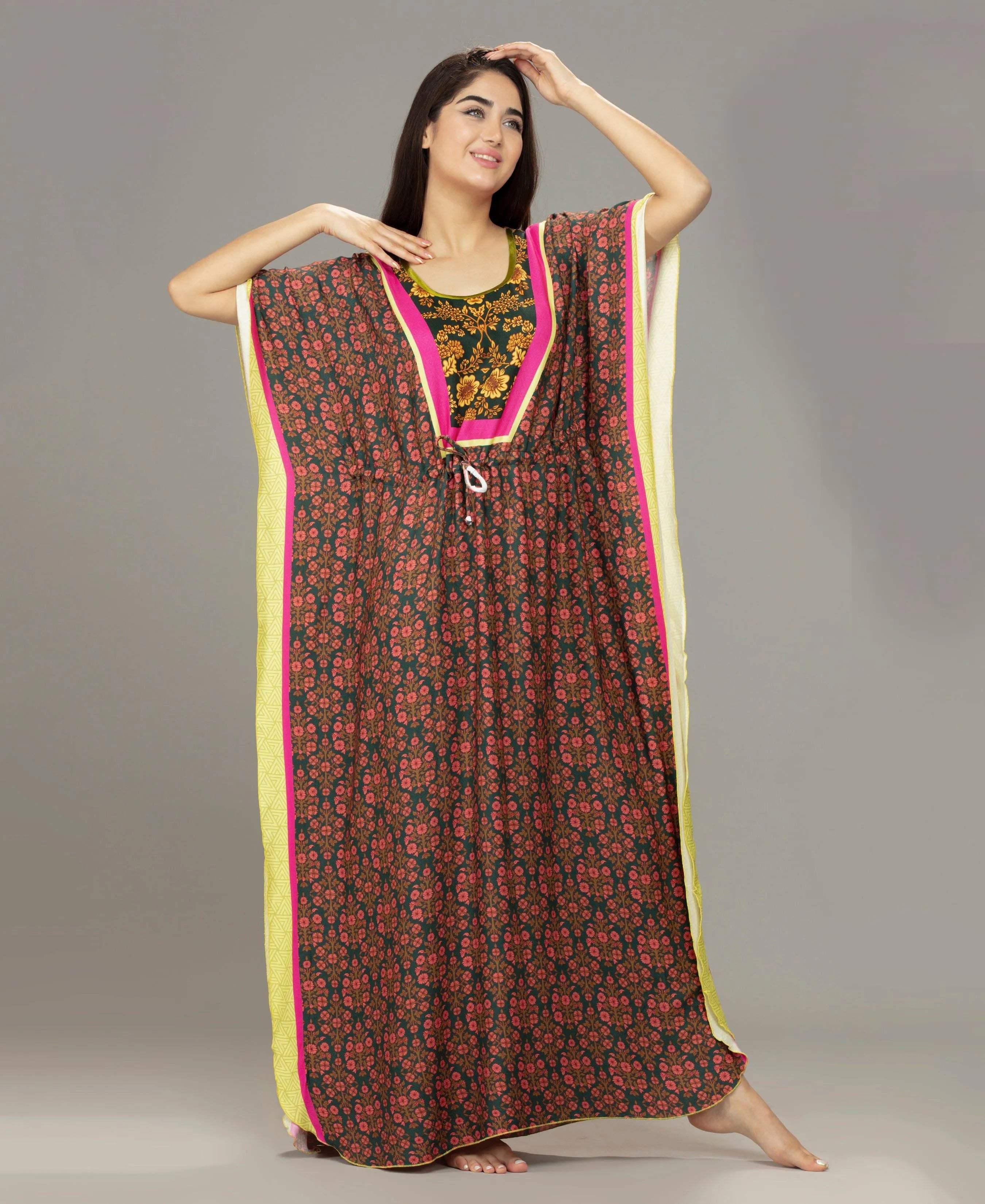 Tropical Breeze Printed Kaftan - Velure - Kaftan - Center Drawstring, Cotton, Full Length Nighty, Jaipuri Prints