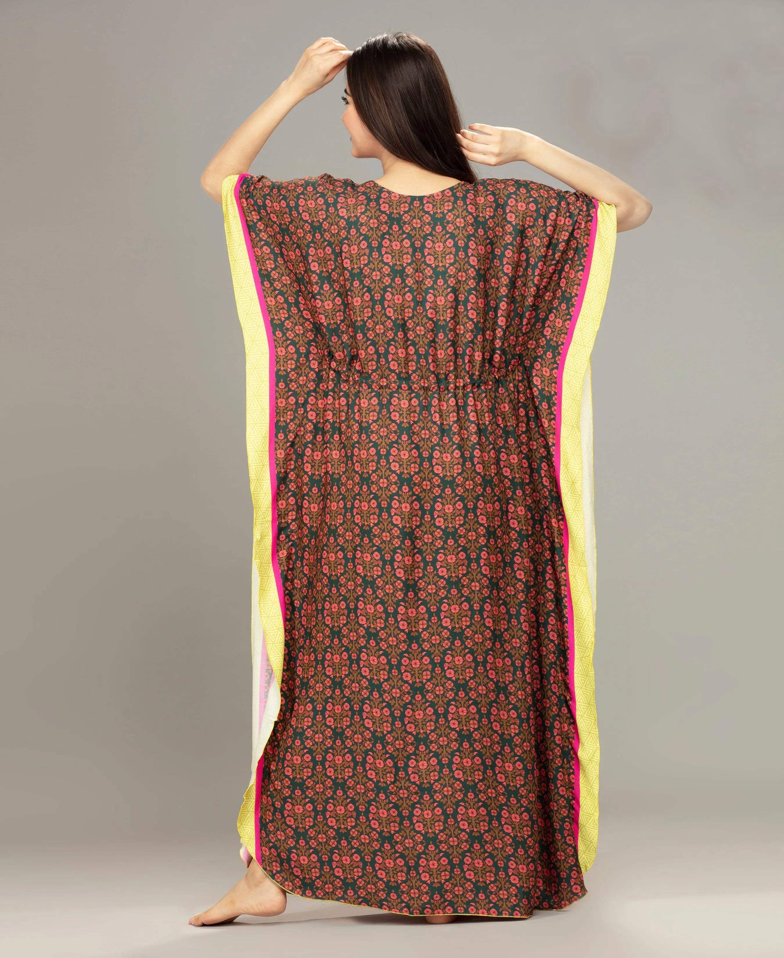 Tropical Breeze Printed Kaftan - Velure - Kaftan - Center Drawstring, Cotton, Full Length Nighty, Jaipuri Prints