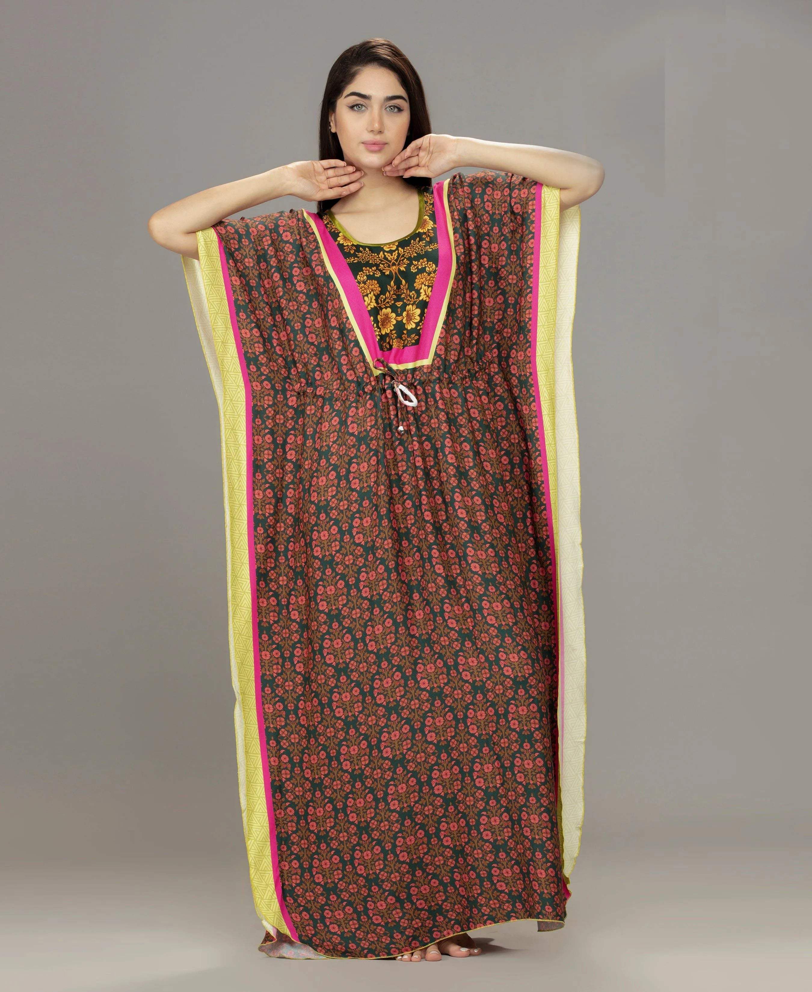Tropical Breeze Printed Kaftan - Velure - Kaftan - Center Drawstring, Cotton, Full Length Nighty, Jaipuri Prints
