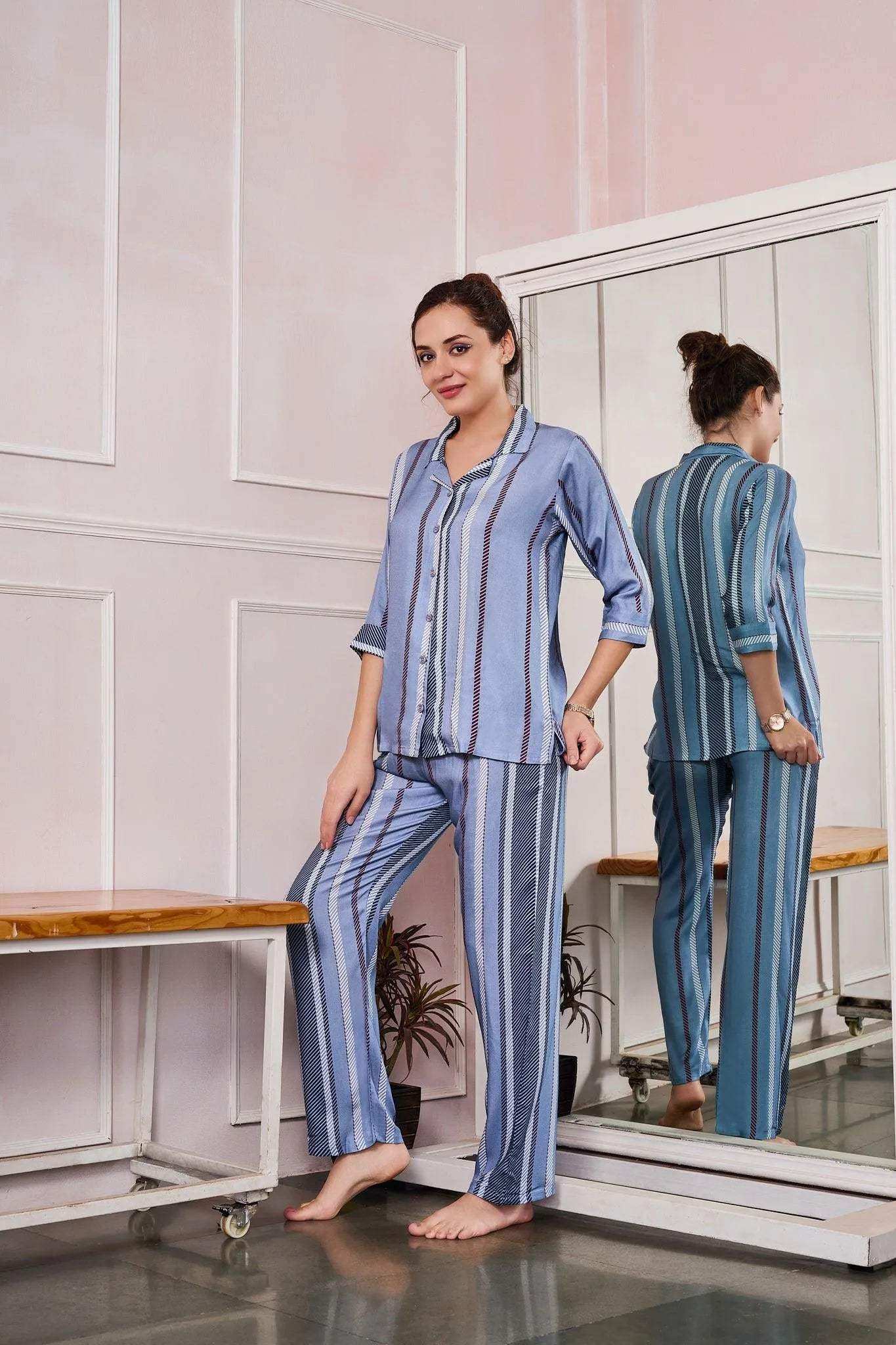 Velure Comfort Fashion Stripes Night Suit - Velure - - 3/4 Sleeves, Collar Neck, Cotton, Front Button Open, Full Length Pant, Stripes