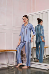 Velure Comfort Fashion Stripes Night Suit - Velure - Shirt and Pant - 3/4 Sleeves, Collar Neck, Cotton, Front Button Open, Full Length Pant, Stripes