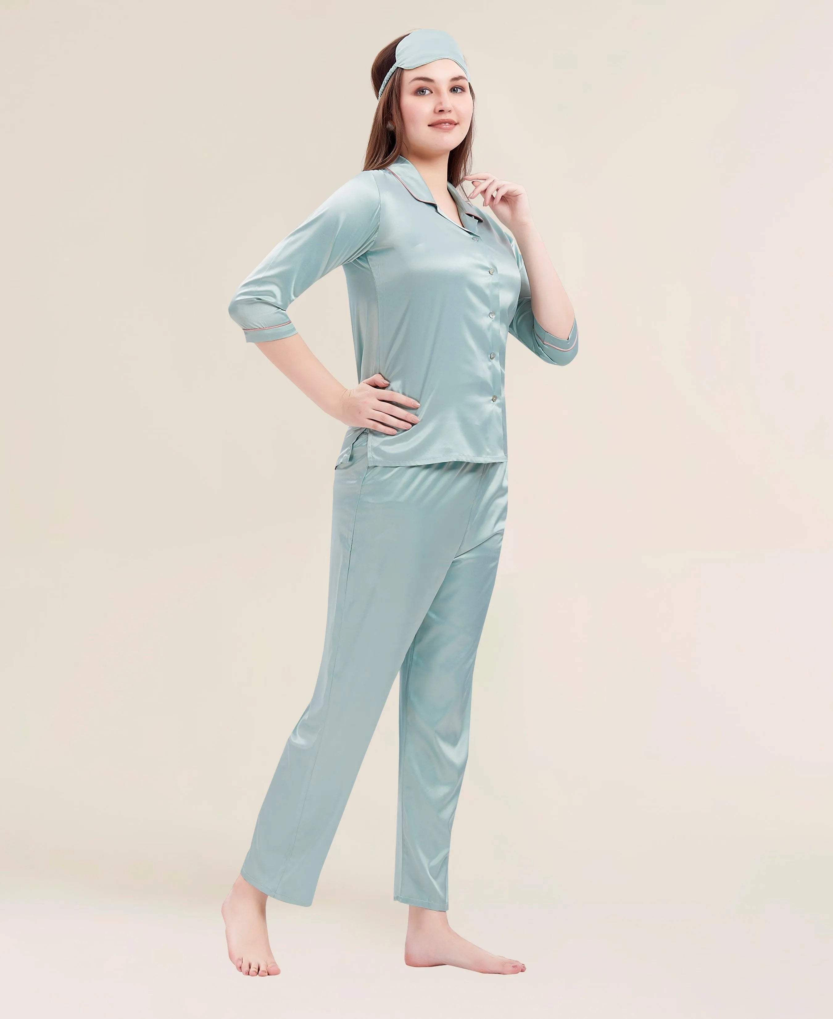 Velure Flerry Red Satin Night Suit - Velure - - 3/4 Sleeves, Collar Neck, Eye Mask, Front Button Open, Full Length Pant, Satin