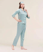 Velure Refined Blossy Satin Night Suit - Velure - - 3/4 Sleeves, Collar Neck, Eye Mask, Front Button Open, Full Length Pant, Satin