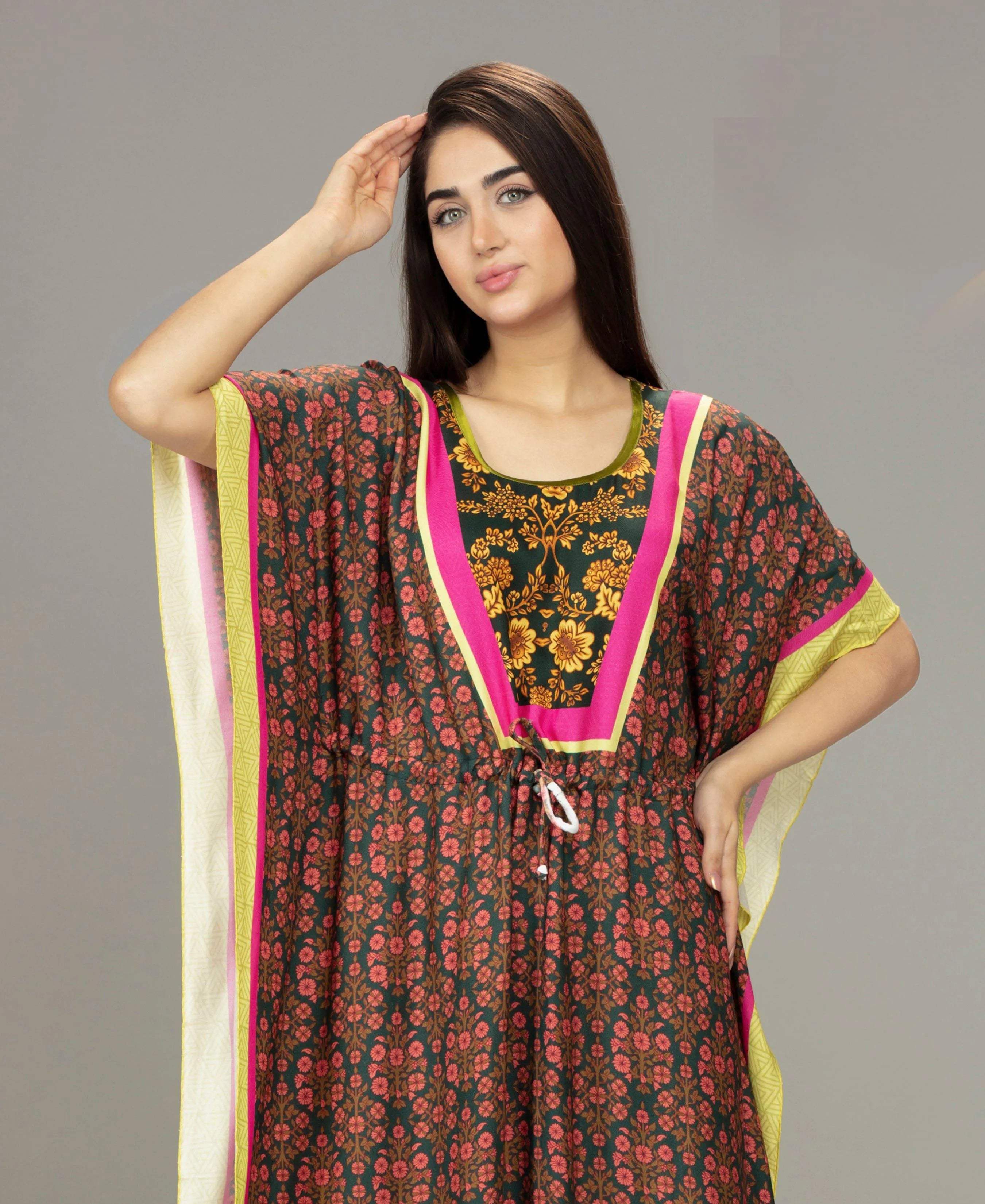 Tropical Breeze Printed Kaftan - Velure - Kaftan - Center Drawstring, Cotton, Full Length Nighty, Jaipuri Prints