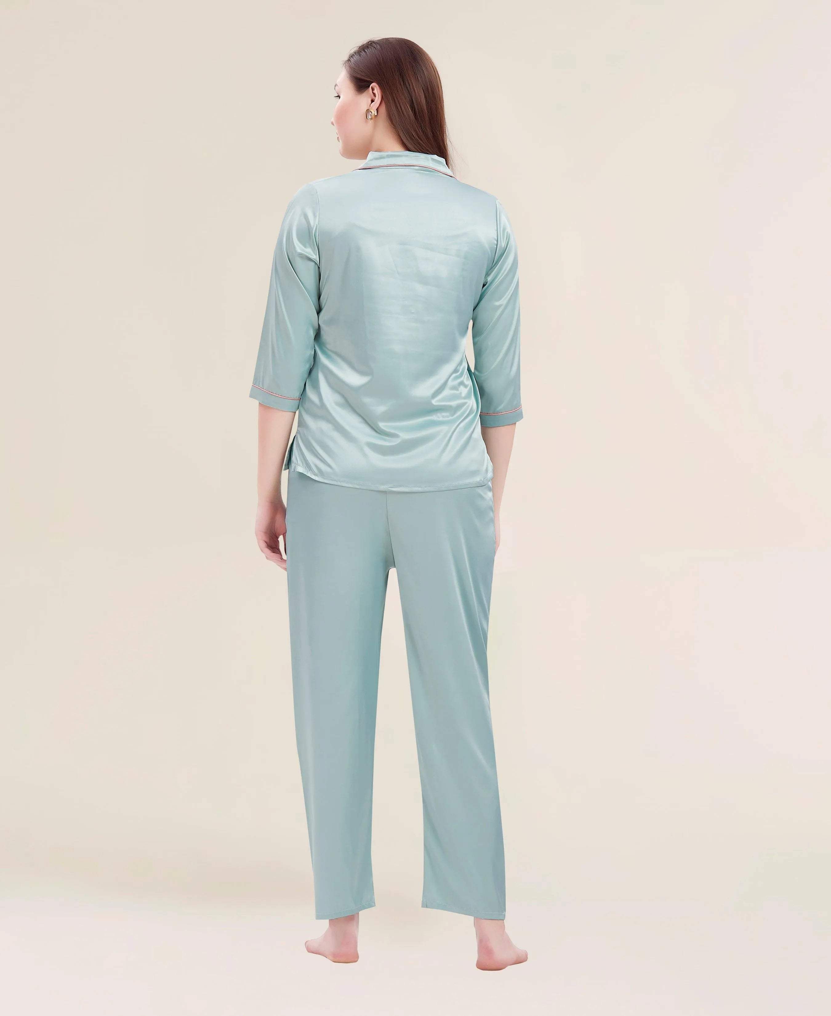 Velure Flerry Red Satin Night Suit - Velure - - 3/4 Sleeves, Collar Neck, Eye Mask, Front Button Open, Full Length Pant, Satin