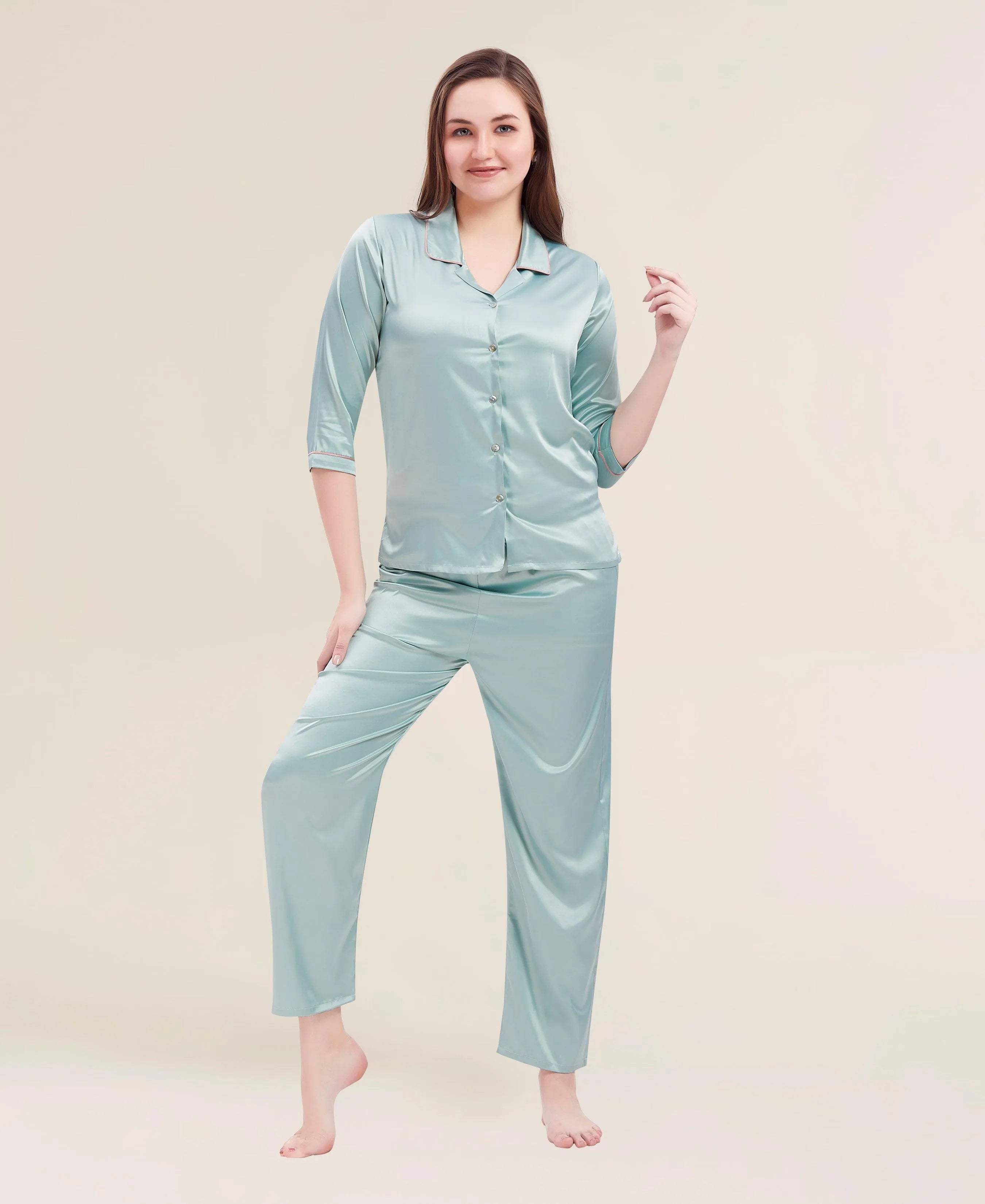 Velure Flerry Red Satin Night Suit - Velure - - 3/4 Sleeves, Collar Neck, Eye Mask, Front Button Open, Full Length Pant, Satin