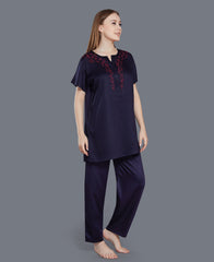 Navy Blue Embroidered Satin Night Suit