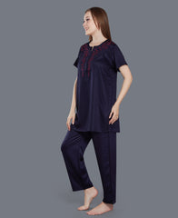 Navy Blue Embroidered Satin Night Suit