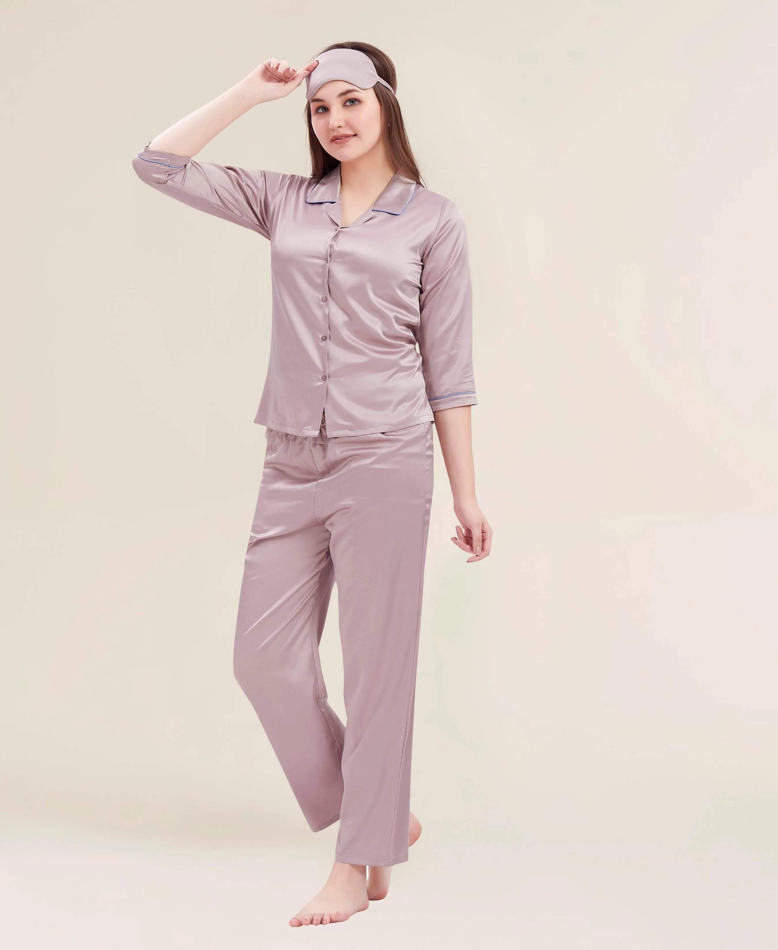 Velure Flerry Red Satin Night Suit - Velure - - 3/4 Sleeves, Collar Neck, Eye Mask, Front Button Open, Full Length Pant, Satin