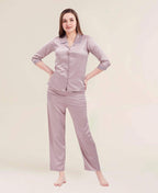 Velure Flerry Red Satin Night Suit - Velure - - 3/4 Sleeves, Collar Neck, Eye Mask, Front Button Open, Full Length Pant, Satin