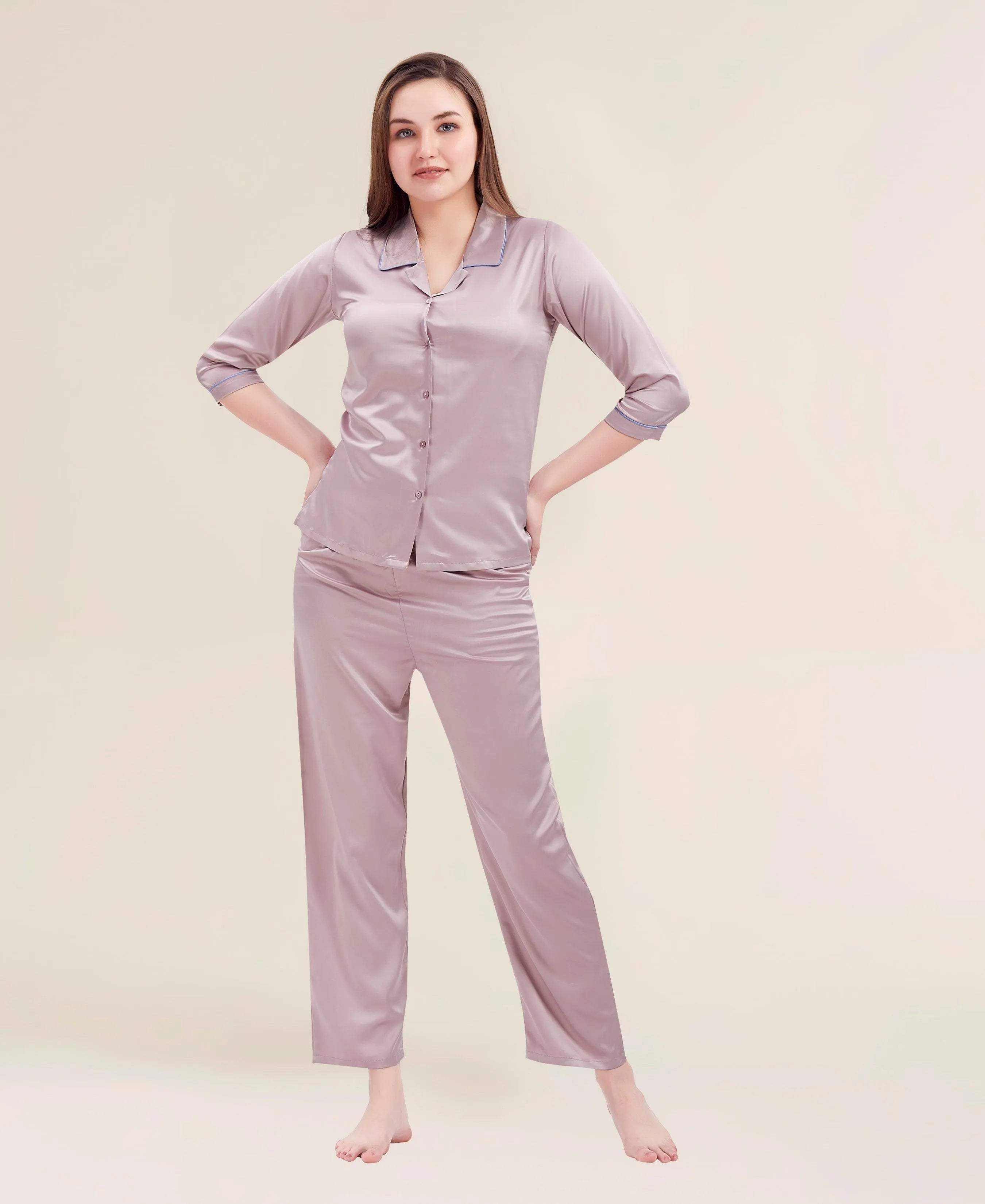Velure Flerry Red Satin Night Suit - Velure - - 3/4 Sleeves, Collar Neck, Eye Mask, Front Button Open, Full Length Pant, Satin