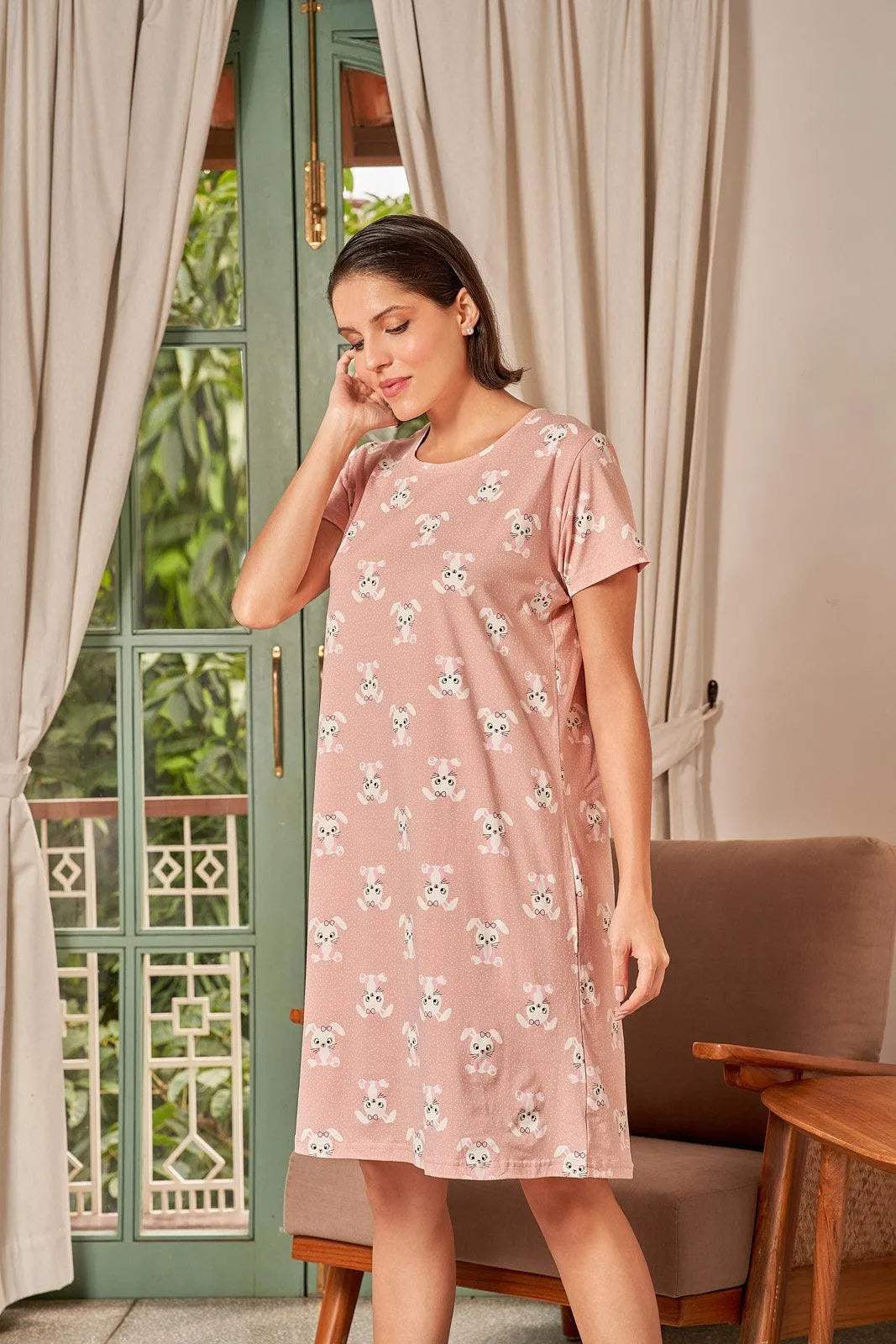 Velure Smoky Bunny Print Short Nighty - Velure - Short Nighty - Cotton, Half Sleeves, Knee Length, Printed, Round neck