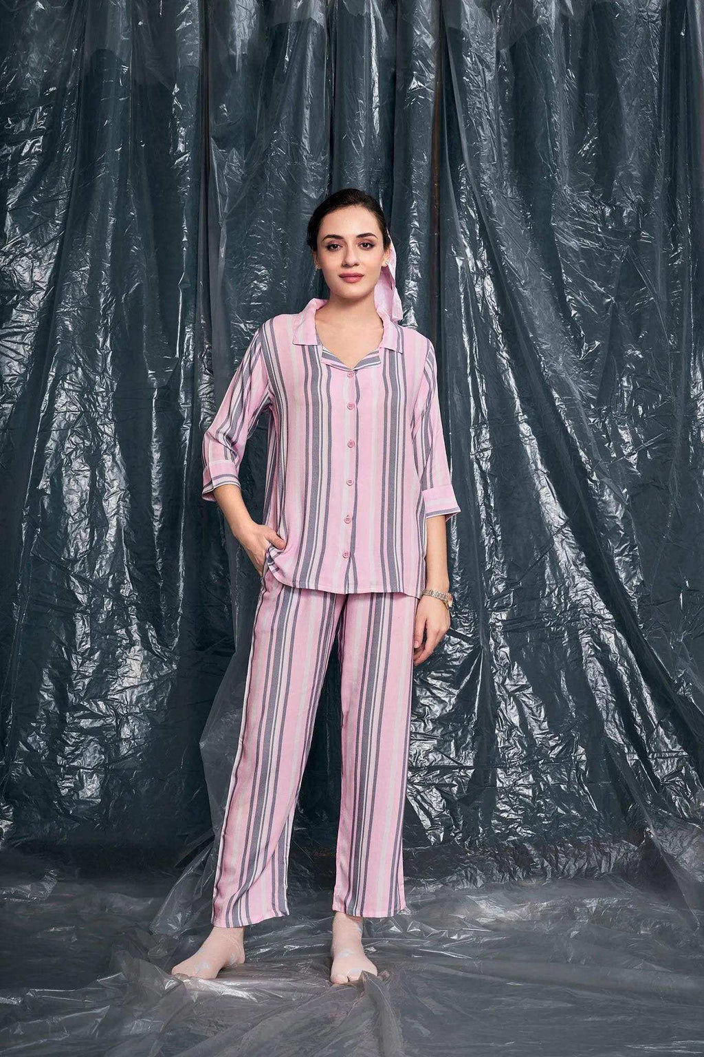 Velure Casual Stripes Night Suit - Velure - - 3/4 Sleeves, Collar Neck, Cotton, Front Button Open, Full Length Pant, Stripes