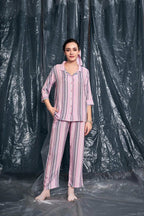 Velure Casual Stripes Night Suit - Velure - - 3/4 Sleeves, Collar Neck, Cotton, Front Button Open, Full Length Pant, Stripes