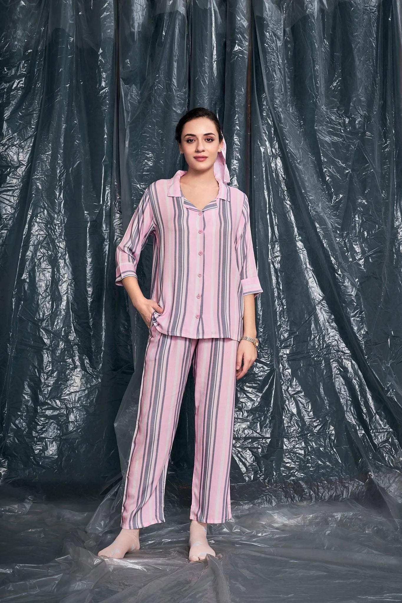 Velure Casual Stripes Night Suit - Velure - - 3/4 Sleeves, Collar Neck, Cotton, Front Button Open, Full Length Pant, Stripes