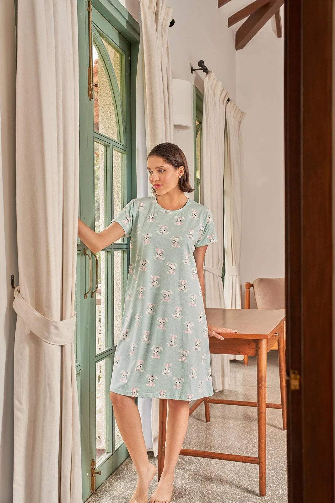Velure Dreamy Rabbit Print Short Nighty - Velure - Short Nighty - Cotton, Half Sleeves, Knee Length, Printed, Round neck