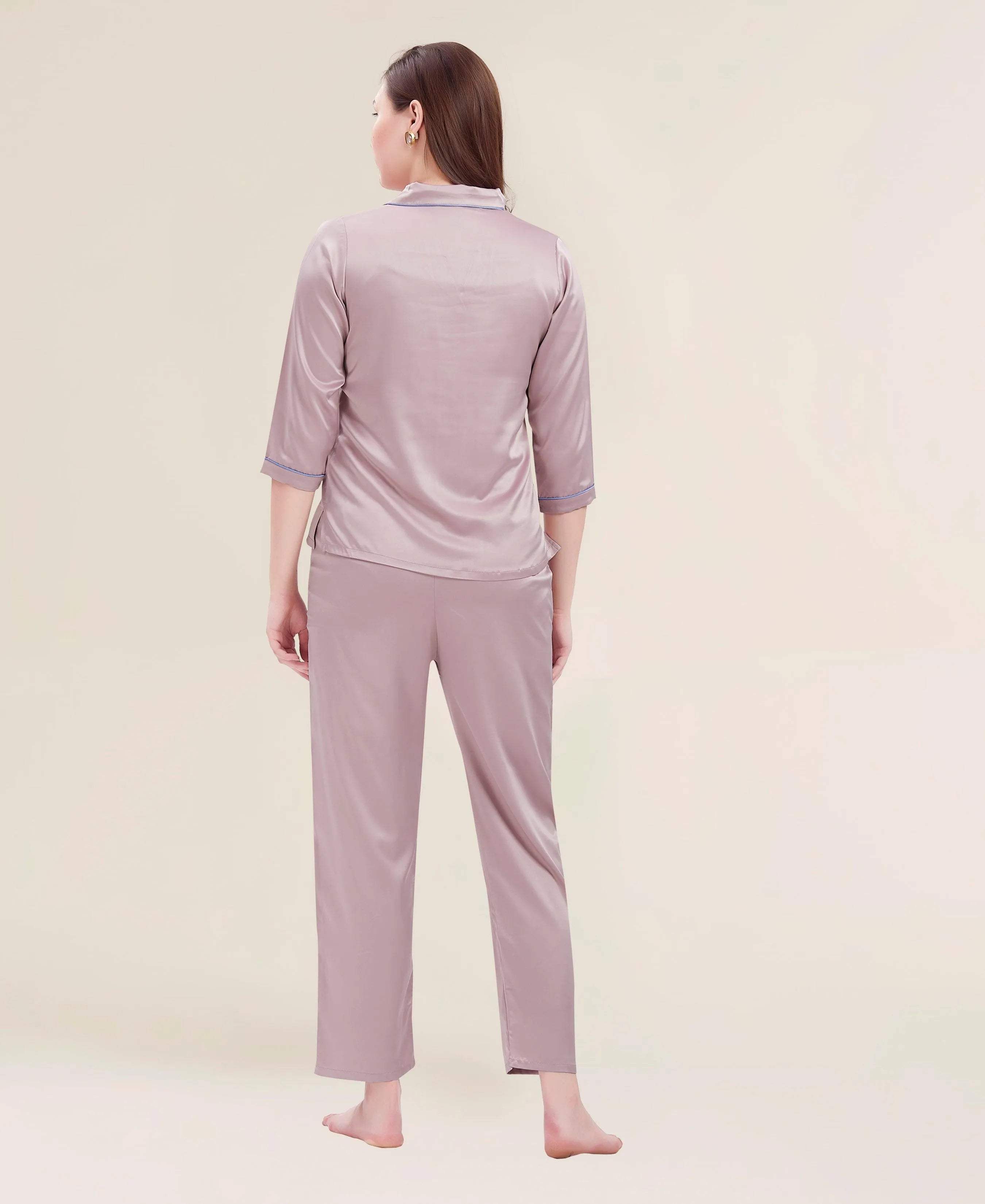 Velure Flerry Red Satin Night Suit - Velure - - 3/4 Sleeves, Collar Neck, Eye Mask, Front Button Open, Full Length Pant, Satin