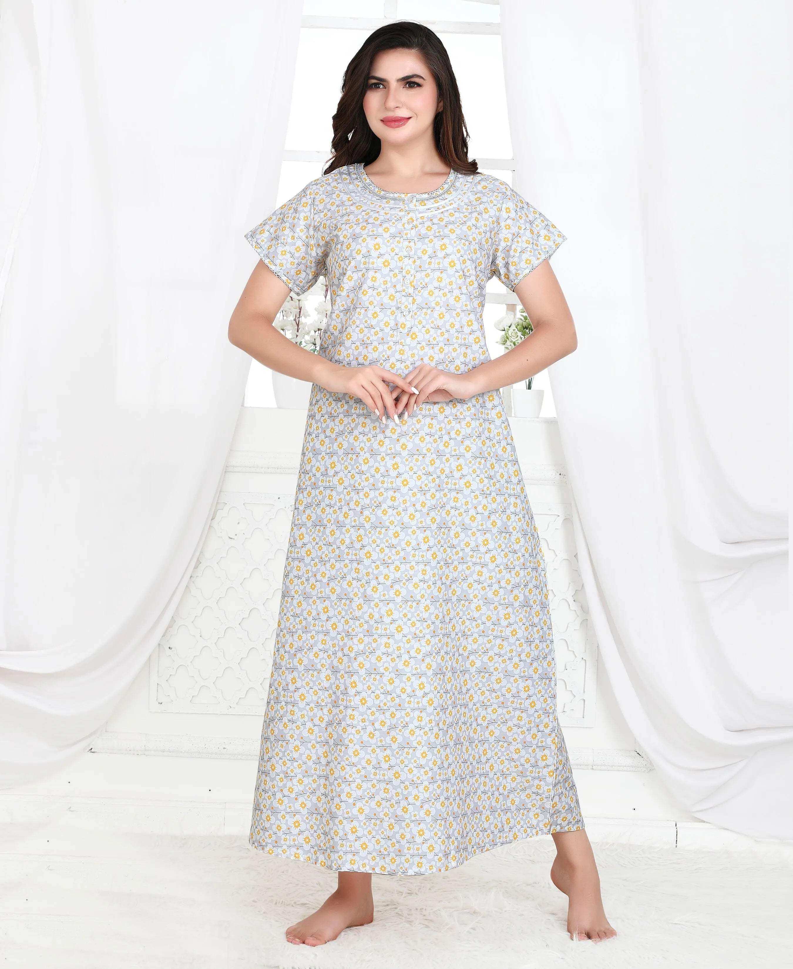 Velure Yellow Floral Print Cotton Nighty - Velure - - Cotton, Full Length Nighty, Half Sleeves Nighty, Round neck Nighty