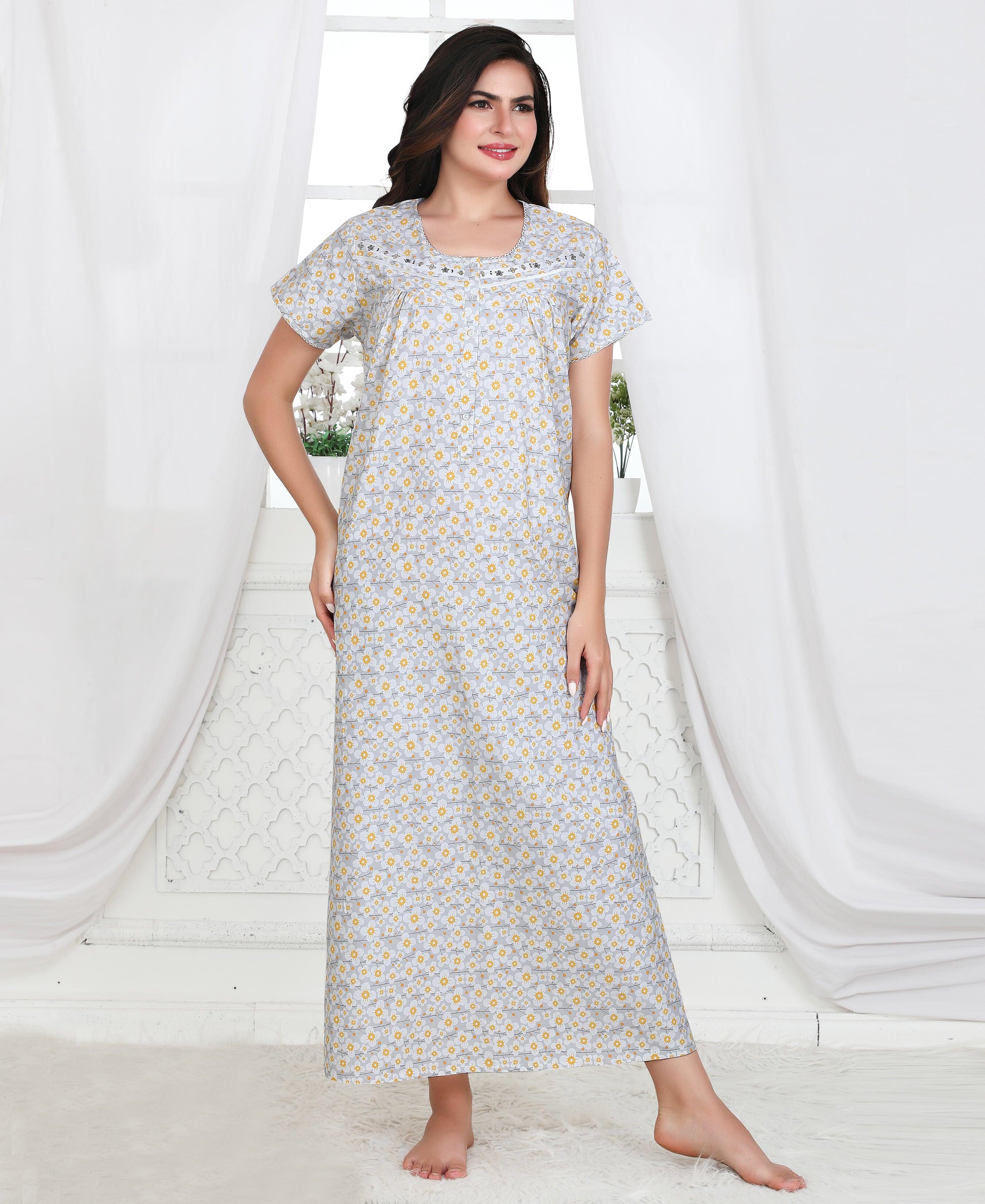 Velure Yellow Floral Print Cotton Nighty - Velure - Nighty - Cotton, Full Length Nighty, Half Sleeves Nighty, Round neck Nighty