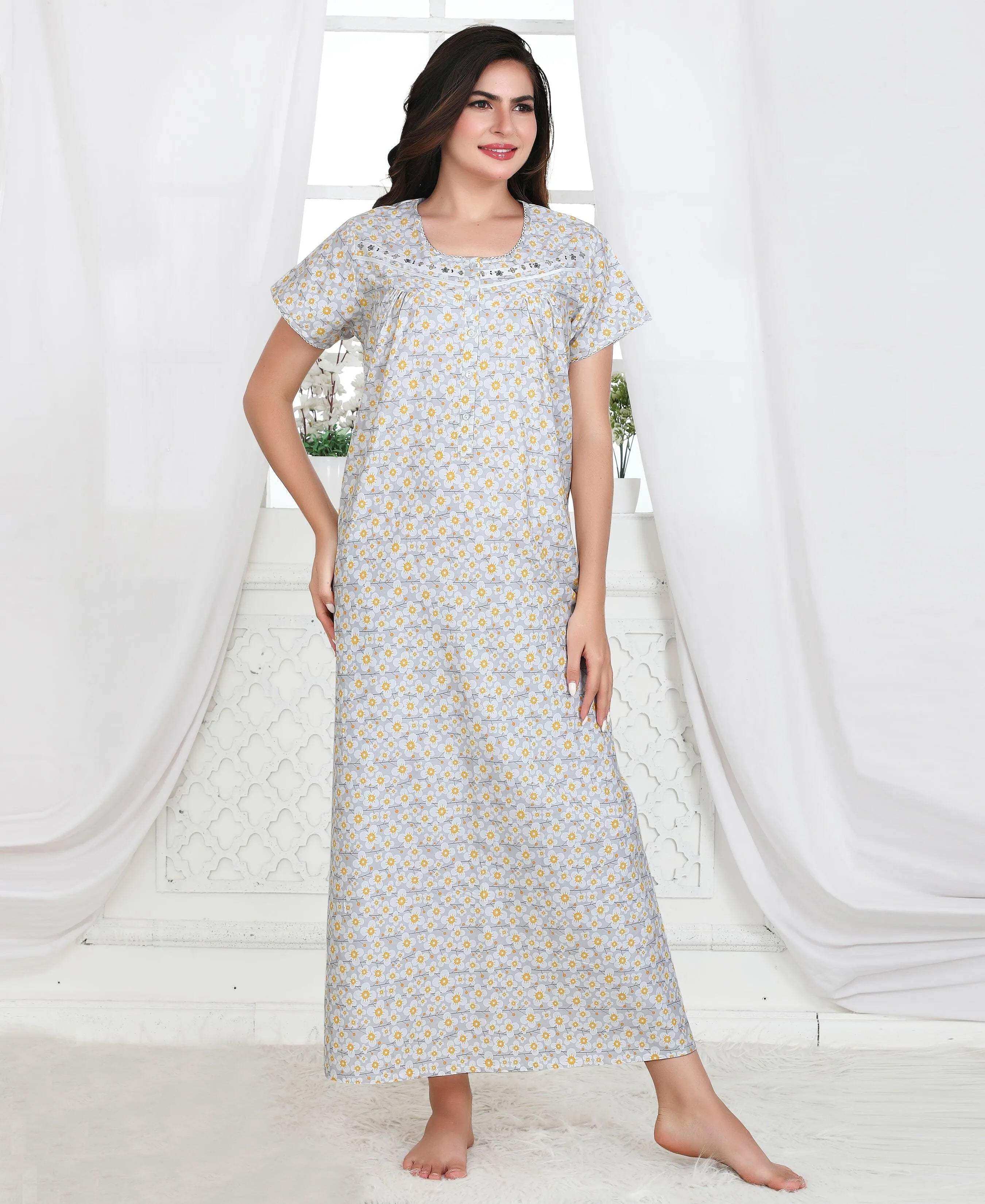 Velure Yellow Floral Print Cotton Nighty - Velure - - Cotton, Full Length Nighty, Half Sleeves Nighty, Round neck Nighty