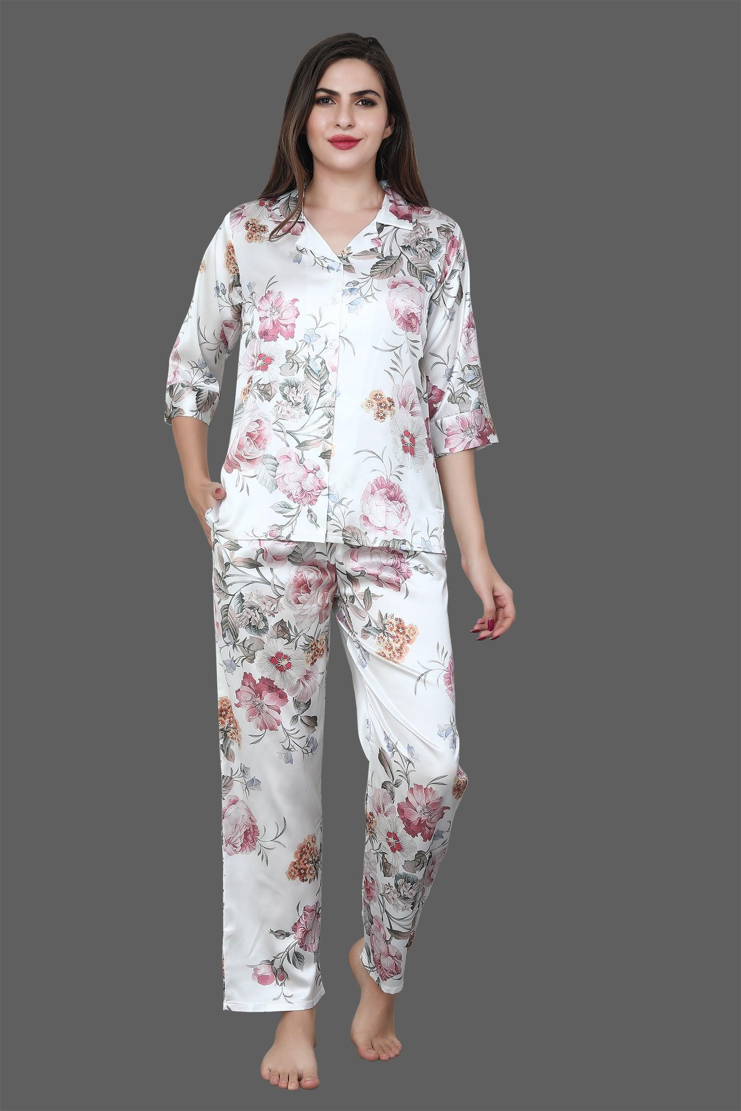 Velure Floral Printed Satin Night Suit - Velure - Long Top and Pant - 3/4 Sleeves, Collar Neck, Floral Print, Front Button Open, Full Length Pant