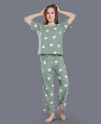 Velure Heart Print Palazzo Night Suit - Velure - - Cotton Lycra Fabric, Full Length Pant, Half Sleeves, Round neck